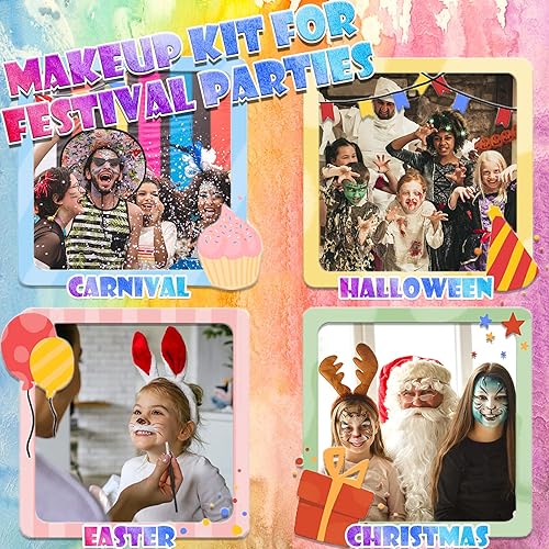 Miniatura 8 de TEUVO Juego de 37 piezas de pintura facial para niños, 19 colores a base de agua y de secado rápido, juego de pintura facial con 35 plantillas y 3