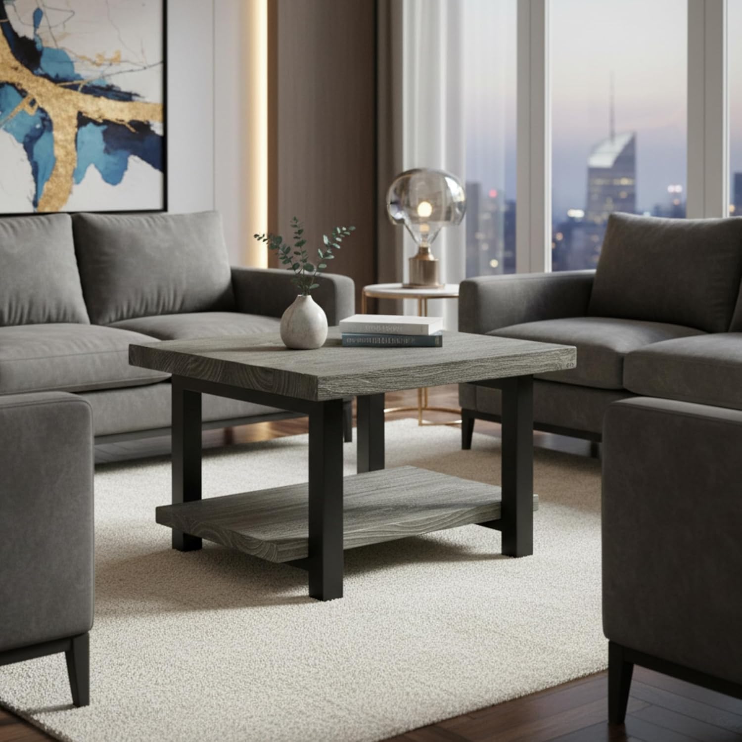 Alaterre Furniture Pomona Living Room 27 Inch Square Solid Wood Coffee Table with Metal Legs – Modern Rustic Industrial Small Space Table (Slate Grey)