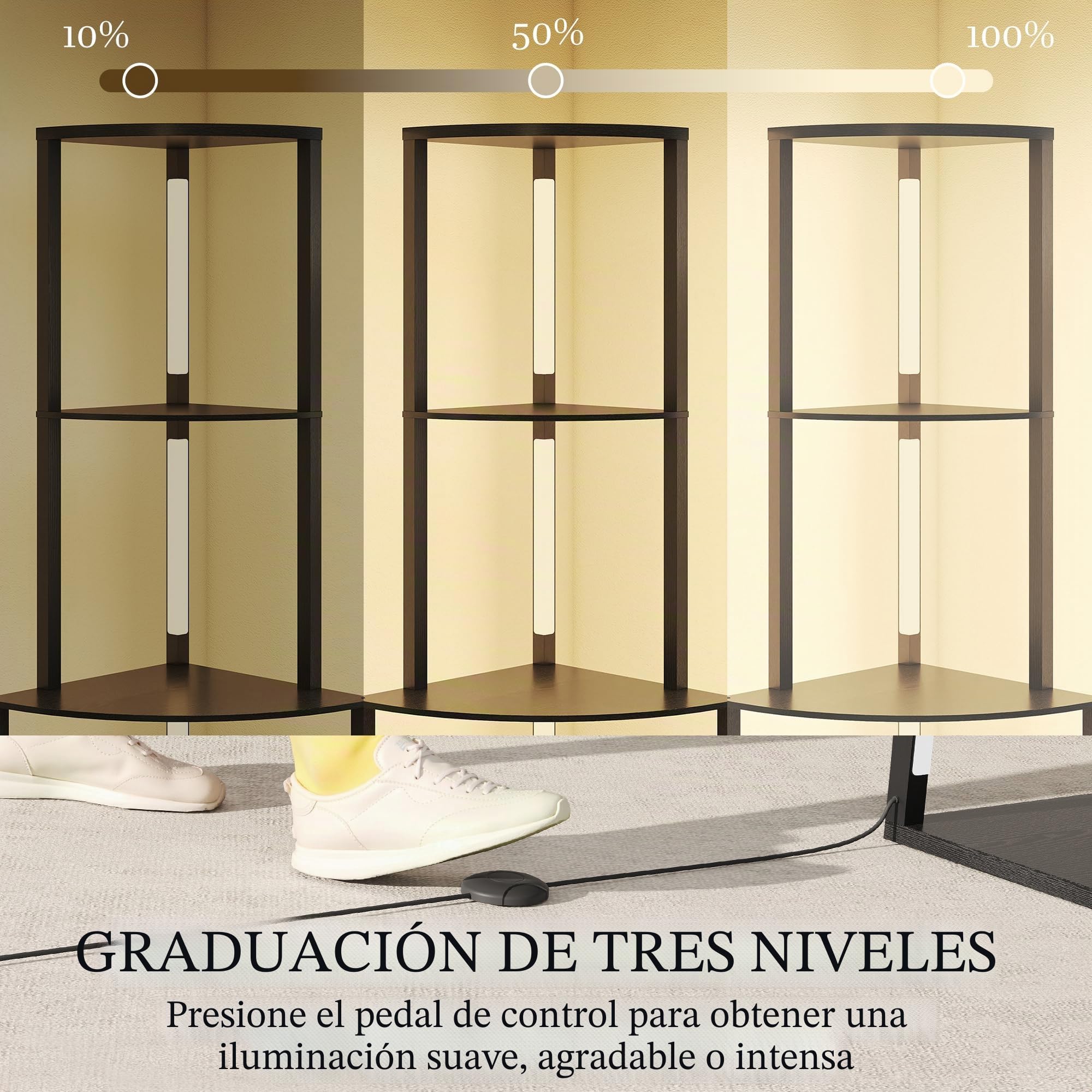 HOMCOM Lámpara de pie salón, lámpara de pie con estantes esquineros de 4 Niveles, Moderna lámpara LED, luminosidad Regulable, Interruptor de pie, para salón, Dormitorio, Oficina, Negro