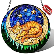 Stained Glass Window Hanging, Orange Sleeping Cat Suncatcher for Door Home Decor Moon Starry Night Sun Catcher Ornament Mother's Day Birthday Gifts for Women Men Mom 6.3 in