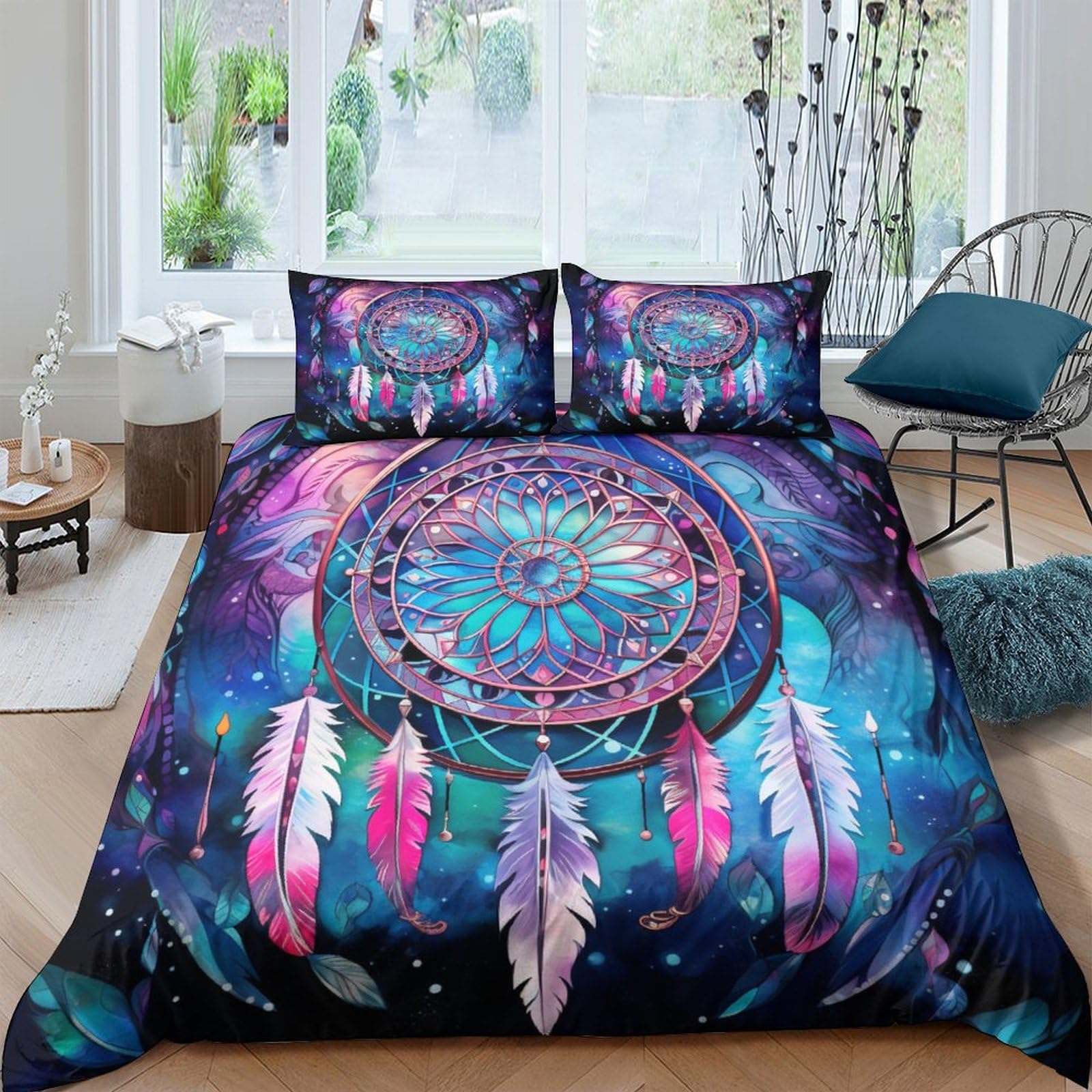 Housses de couettes 3D plume motif tribal 200x200cm lit double 3 pièces