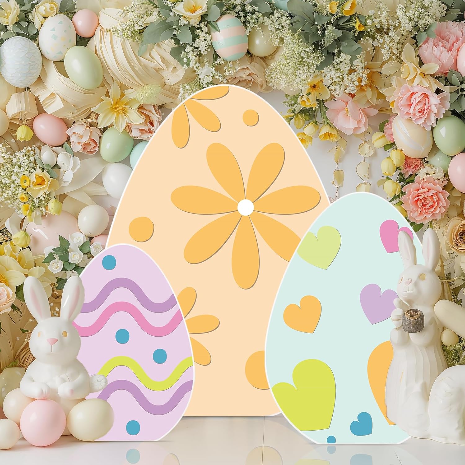 3 Pcs 60'' 47'' 35'' Easter Egg Cardboard Cutout Easter Party Decorations Backdrop Photo Booth Props Multicolored Egg Yard Sign with Stakes for Easter Party Outdoor Lawn Garden Yard Photo Props