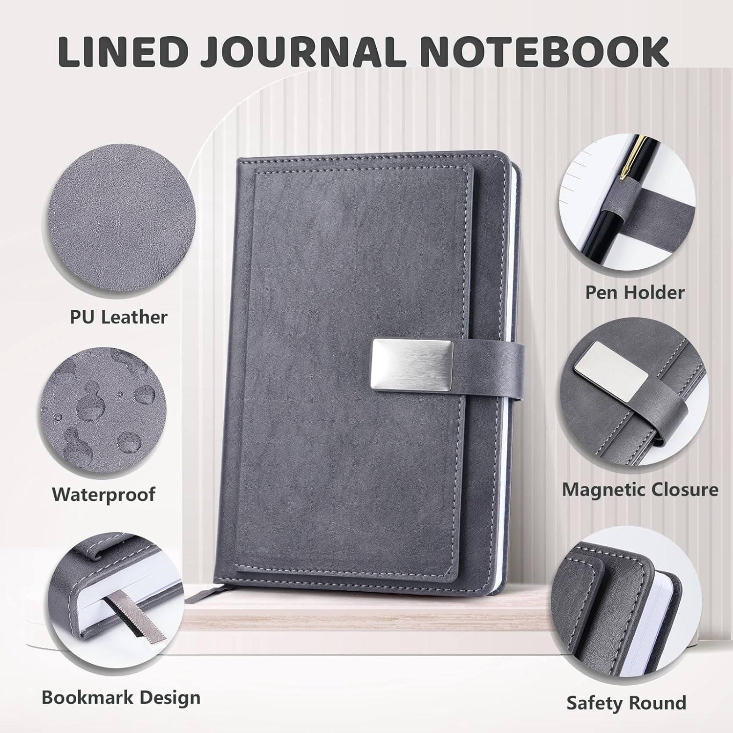 Executive Lined Journal Notebook, 256 Pages, College Ruled, A5 Hard Cover Leather, Pen included, with Notes Pocket; Journaling Notebooks for Work, Notes Taking, Personalized Gifts, Gray