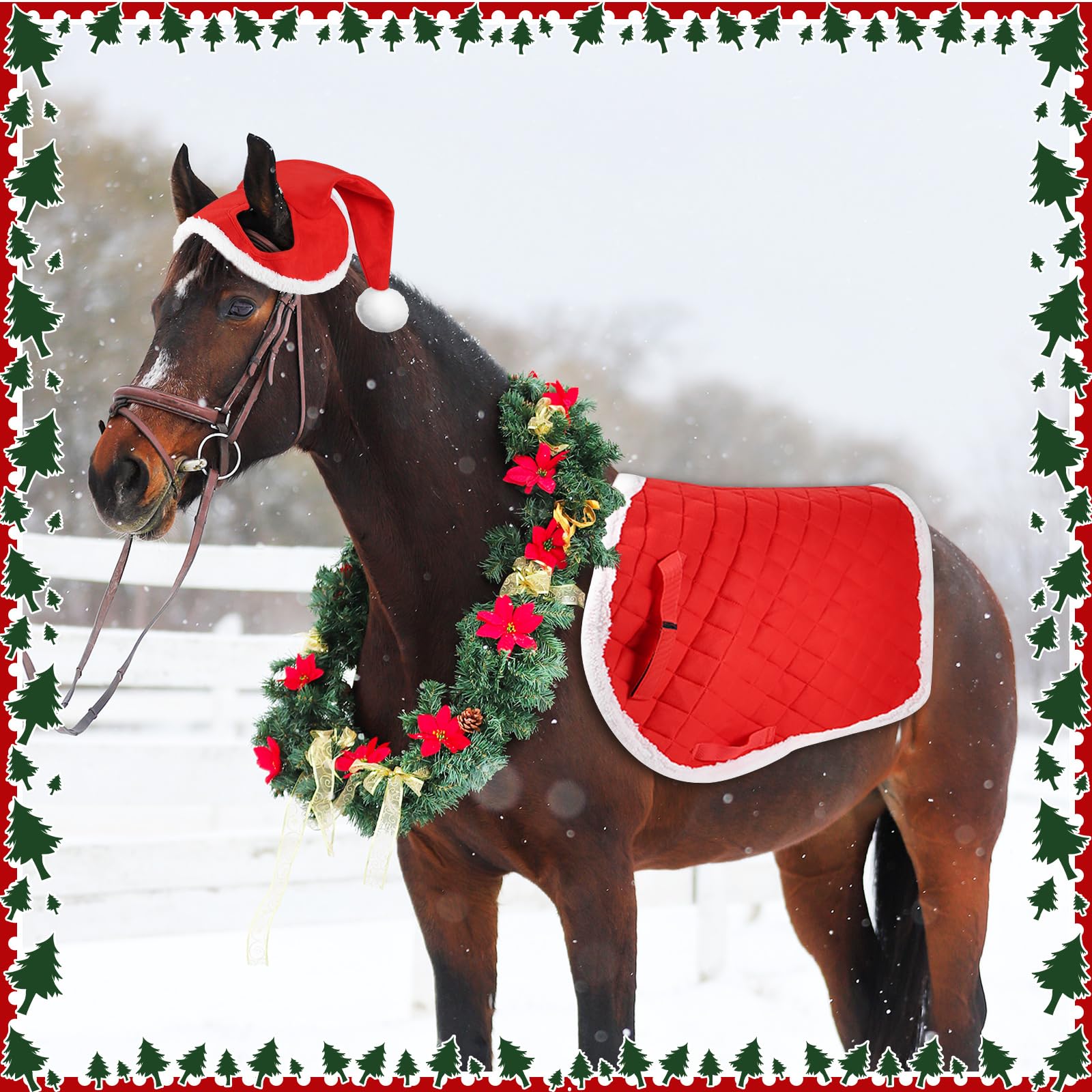 6 Pezzi di Fasce per Le Gambe di Babbo Natale per Cavallo con Bordo in Pelliccia Sintetica, Cappello di Natale, Sottosella di Babbo Natale per Accessori per Costumi di Natale per Cavallo