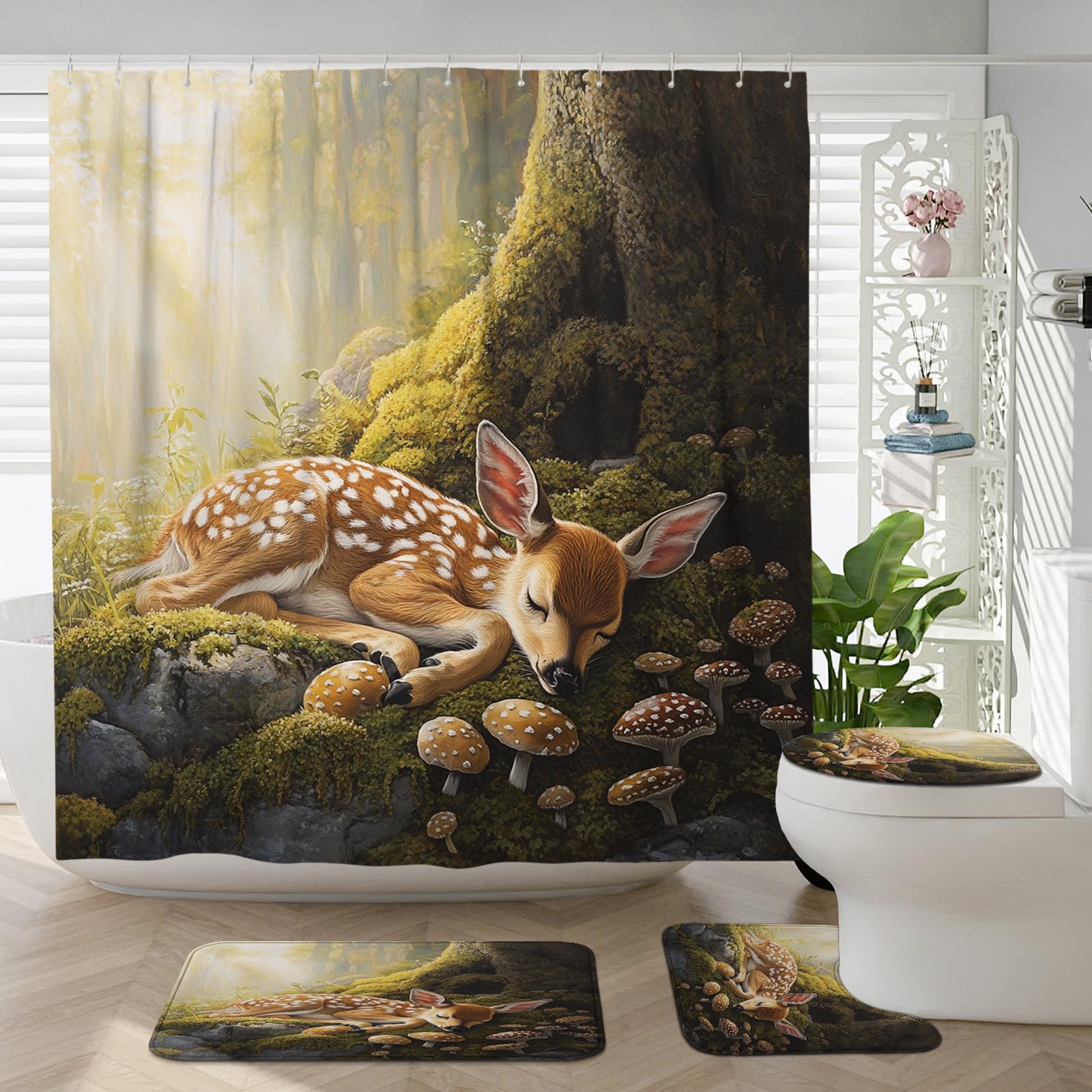 4PCS Mushroom Deer Bathroom Accessory Sets with Non-Slip Rug, U Shape and Toilet Lid Cover Mat, Woodland Forest Mosses Wildlife Bathroom Fabric Decor-72''x72''