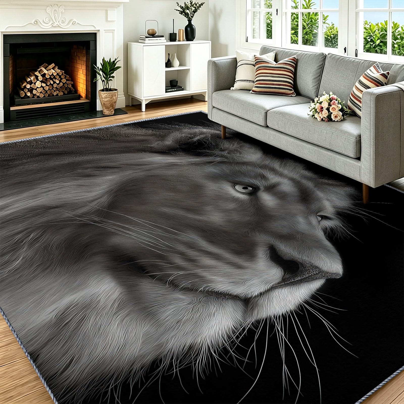 Minimalistyczny dywan do salonu, 140 x 200 cm, lew, czarno-biały, antypoślizgowy, niski runo, można prać, super miękki, przyjazny dla skóry dywan do przedpokoju, łazienki i jadalni