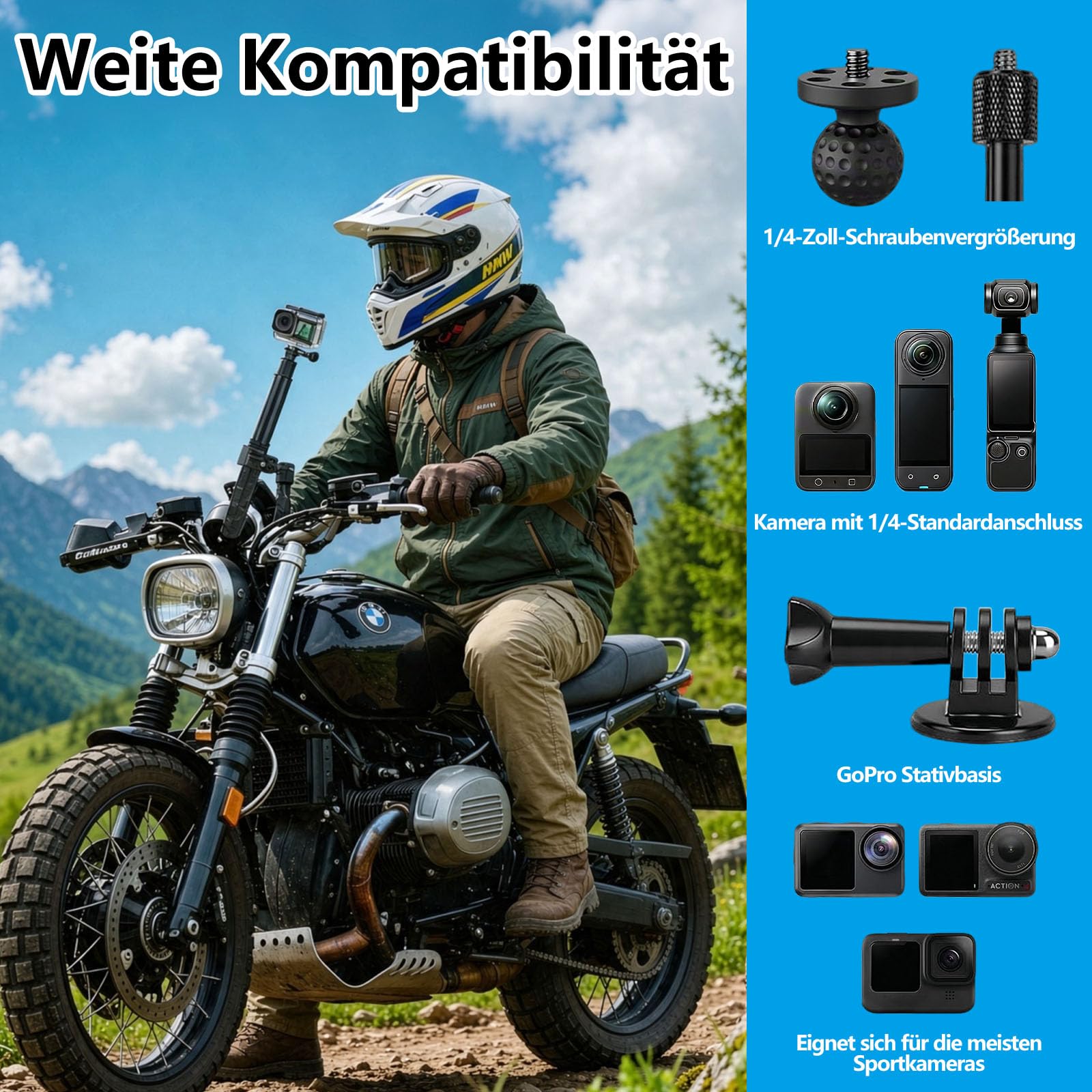 Supporto per fotocamera per moto e bicicletta, 120 cm, selfie stick, doppio morsetto