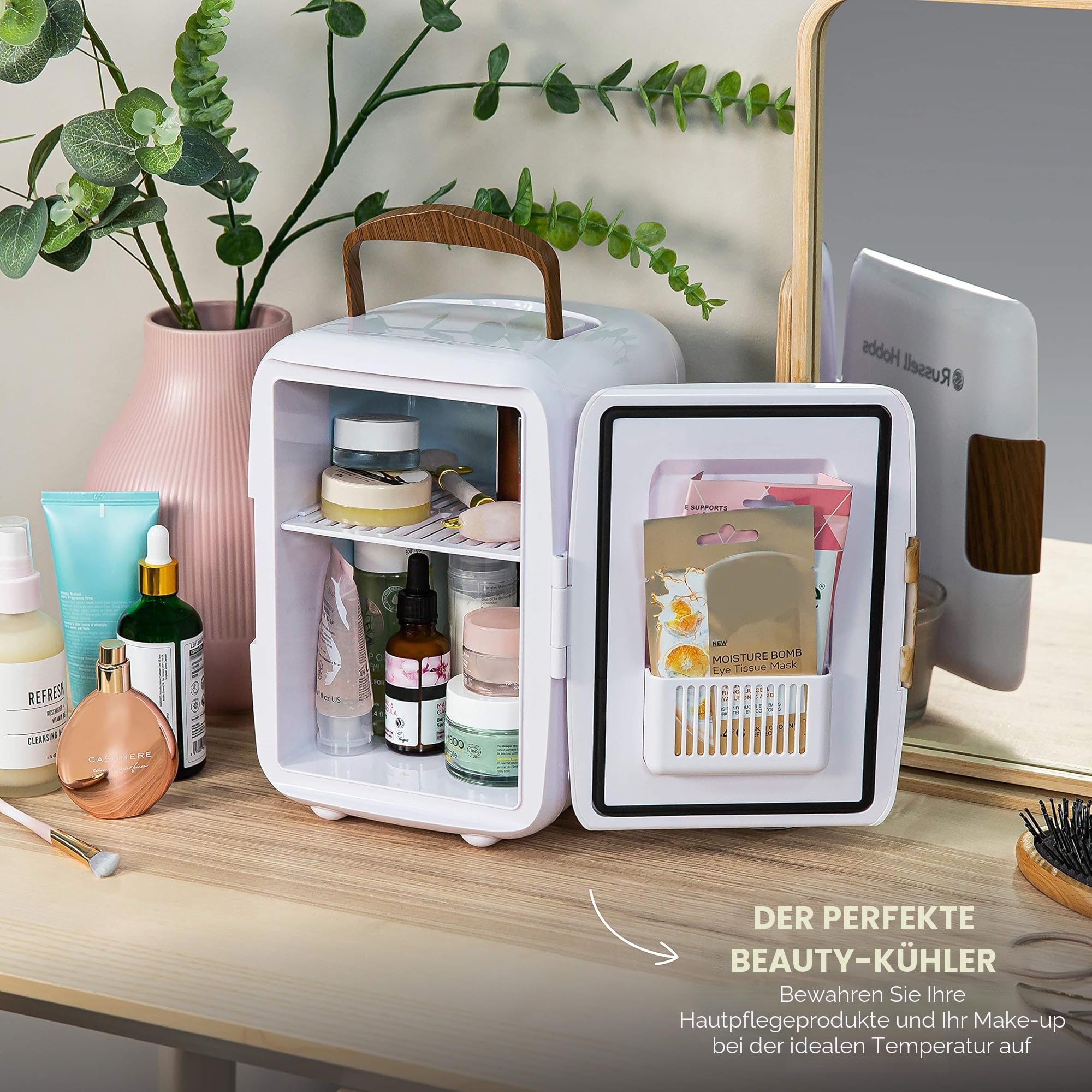 Russell Hobbs RH4CLR1001SCW Mini-Kühlschrank tragbar 4 L/6 Dosen, AC/DC, Kühler und Wärmer für Getränke, Kosmetik/Make-up/Hautpflege, skandinavischer Stil, weiß und Holzeffekt