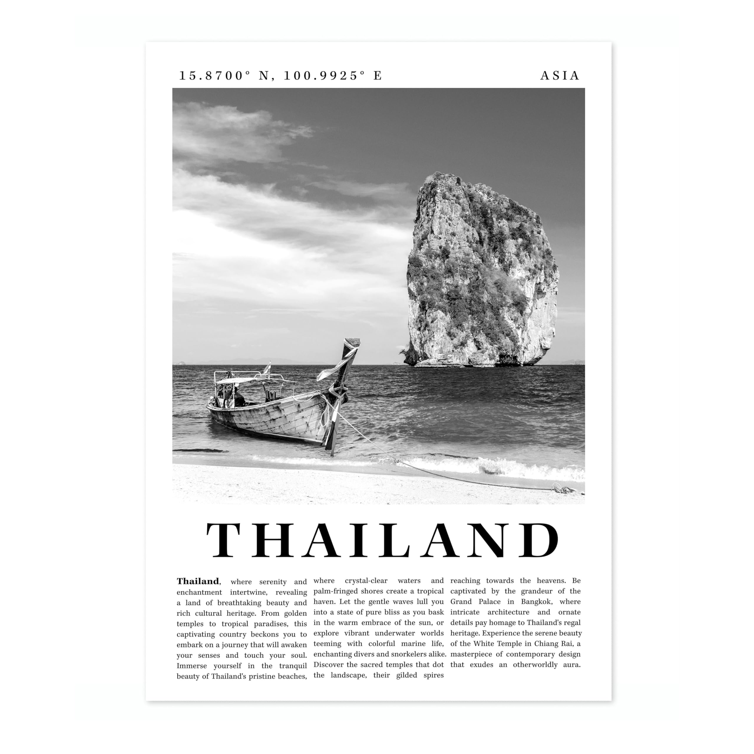 Thailand Travel Poster, Black & White Print, City Landmark. Modern Home Wall Decor For Living Room Bedroom, Archival Matte, 50x70cm (Print Only) - 50x70cm โ image 1