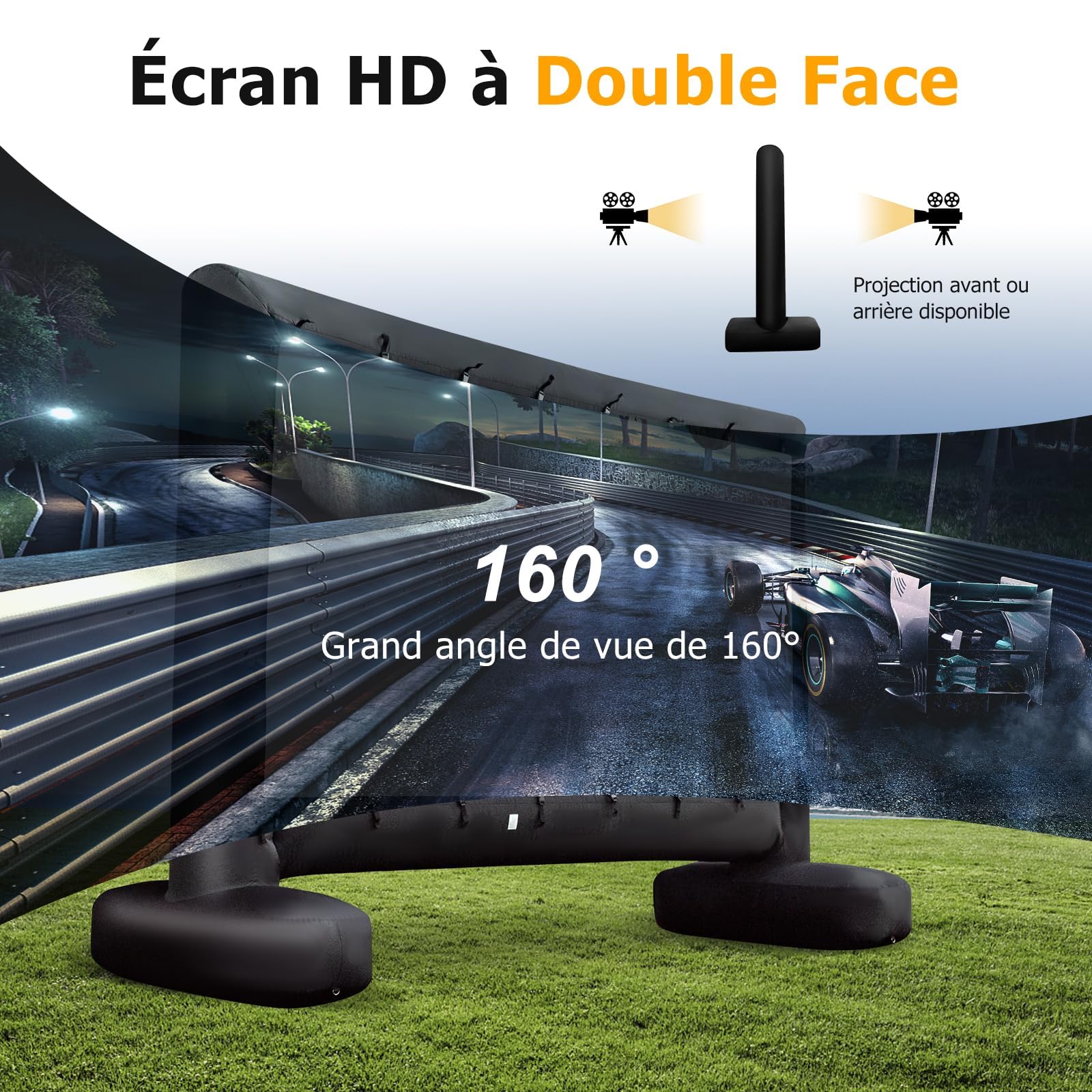 GYMAX Écran de Projection Gonflable 327 x 187 cm, Léger et Portable avec Sac de Rangement, Installation Facile avec Souffleur & Piquets de Sol, pour Cinéma en Extérieur