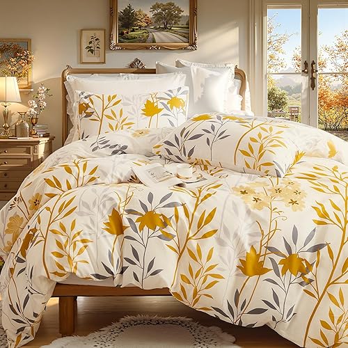 Miniatura 22 de Juego de edredón verde tamaño queen, 100% algodón reversible con patrón floral, juego de edredón de 3 piezas, edredón suave y ligero de algodón,