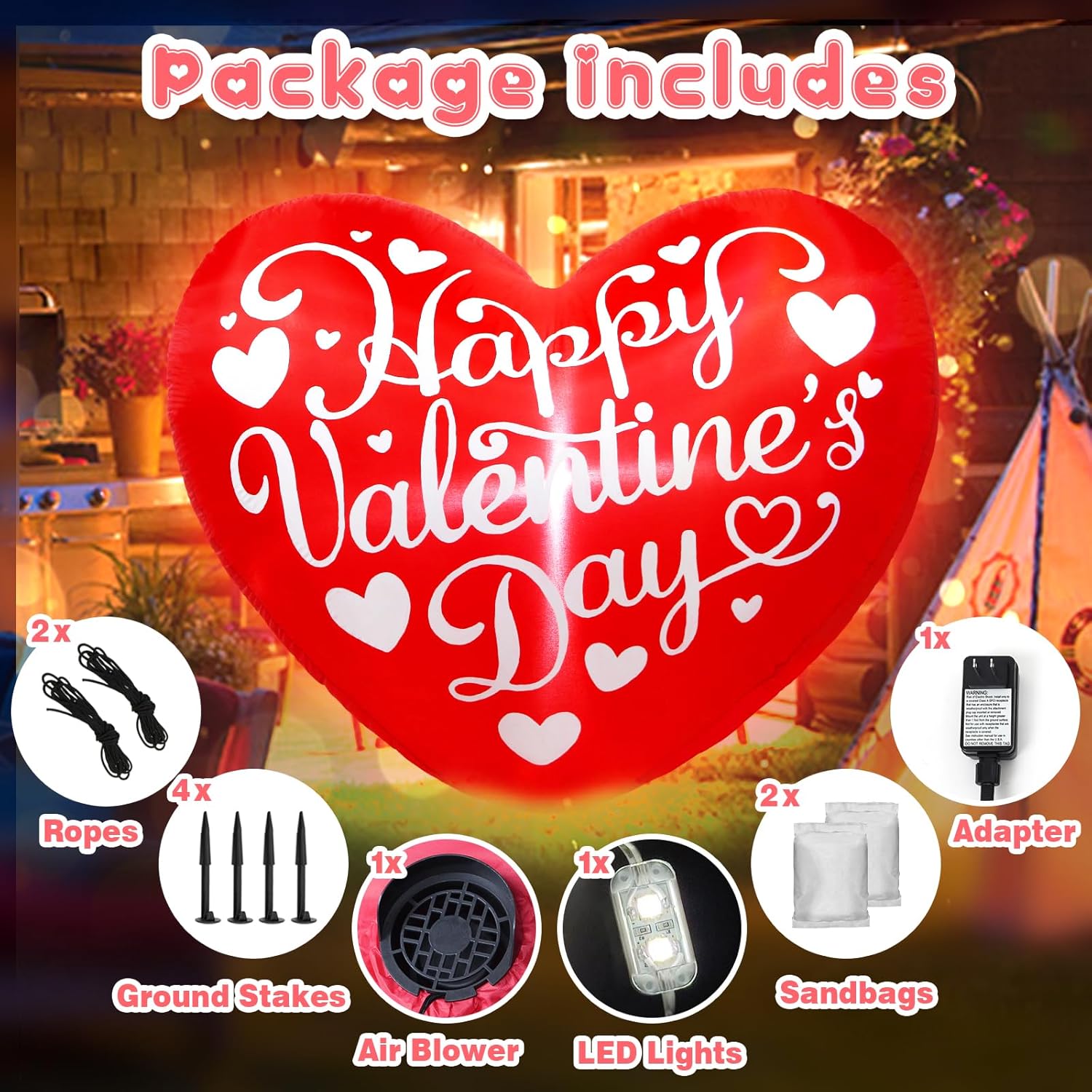 5ft Valentine’s Day Inflatable Decorations Giant Heart Outdoor Blow Up Heart Inflatable Valentine Decor with Built-in LED Lights for Wedding Decoration Lawn Home Indoor Outside