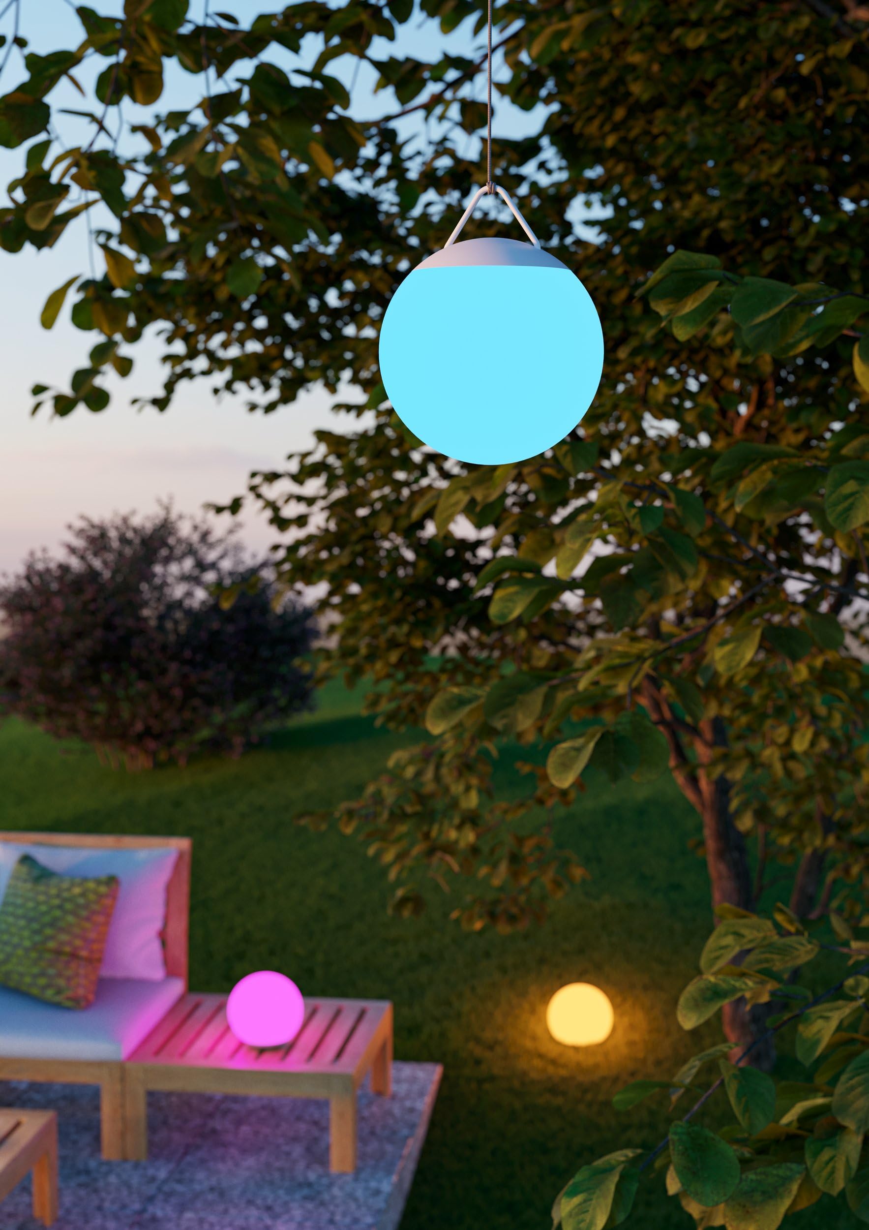 EGLO LED Kugel Poggiobello, runde Akku Gartenkugel mit Fernbedienung, Leuchtkugel dimmbar mit Erdspieß und Aufhängung, Kunststoff in Weiss, RGB Farbwechsel, IP44, Ø 20 cm