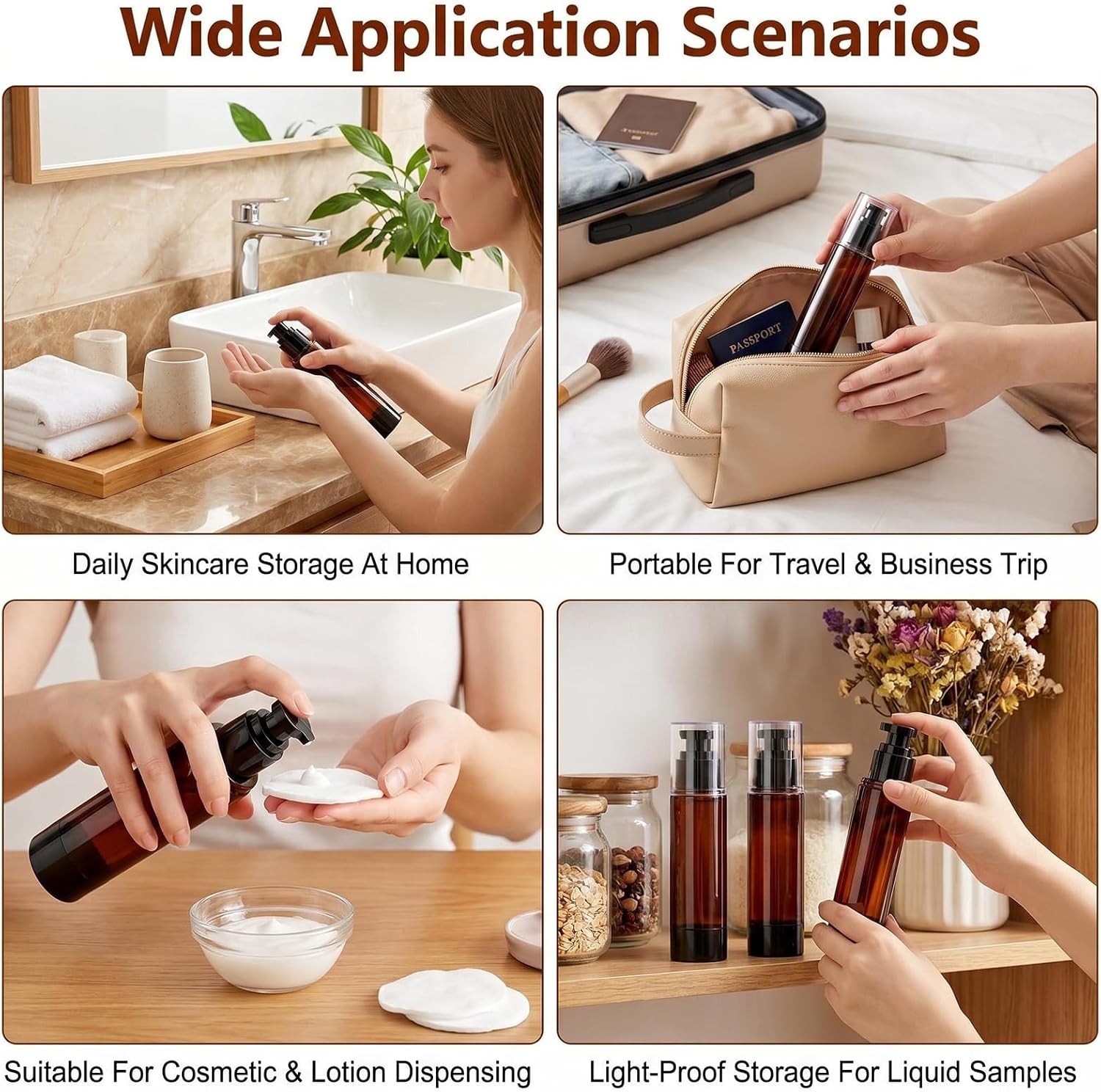 2 Pack 1.7oz Amber Airless Pump Bottles, 50ml Travel Refillable Dispensers