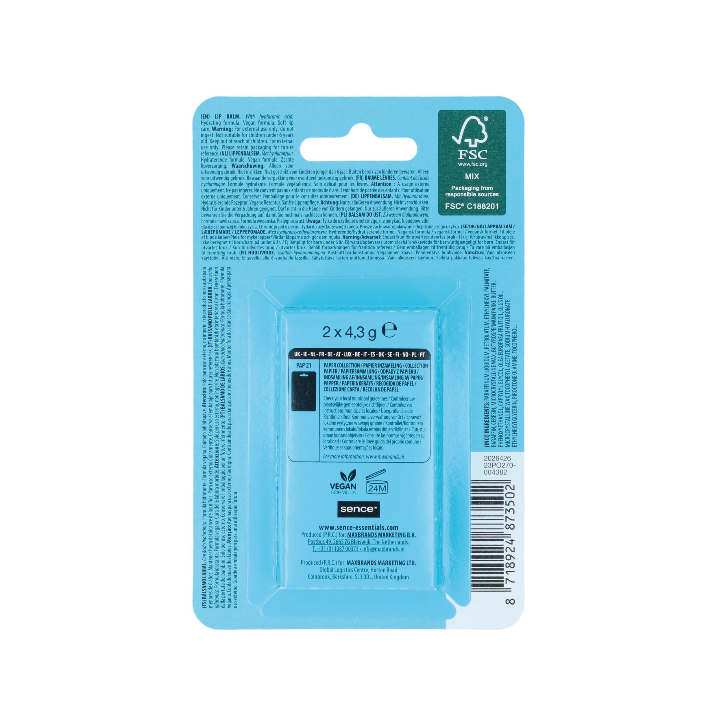 Sence Balm Hydro Shock, pomadka do ust z kwasem hialuronowym i parafiną, kosmetyk do pielęgnacji ust, pielęgnacja na dzień dla gładkich ust, wegańska pomadka do ust (2 x 4,3 g)
