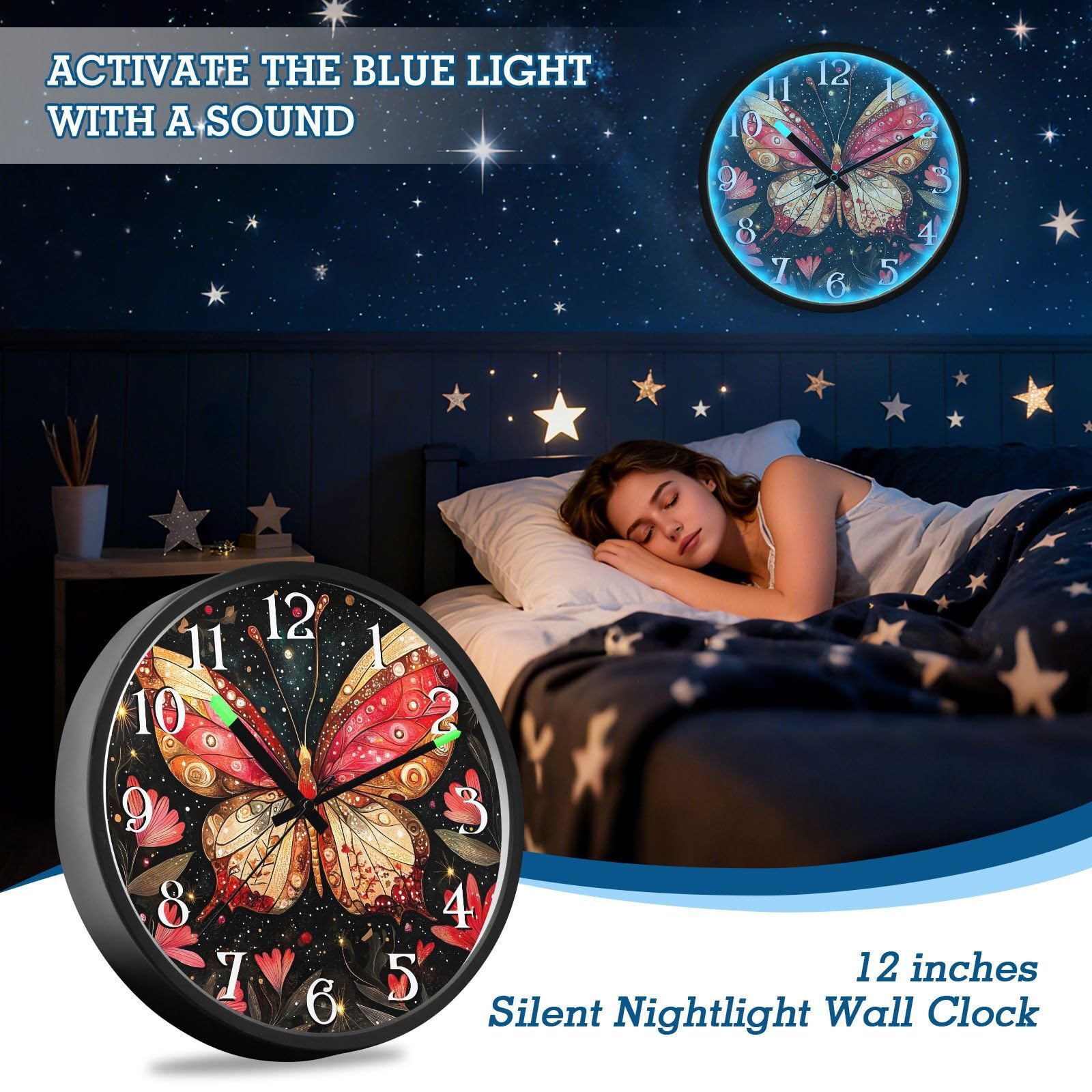 Mnsruu Reloj de pared luminoso con diseño de mariposa roja y luna, funciona con pilas, reloj silencioso que brilla en la oscuridad, para sala de estar, cocina, 30,5 cm