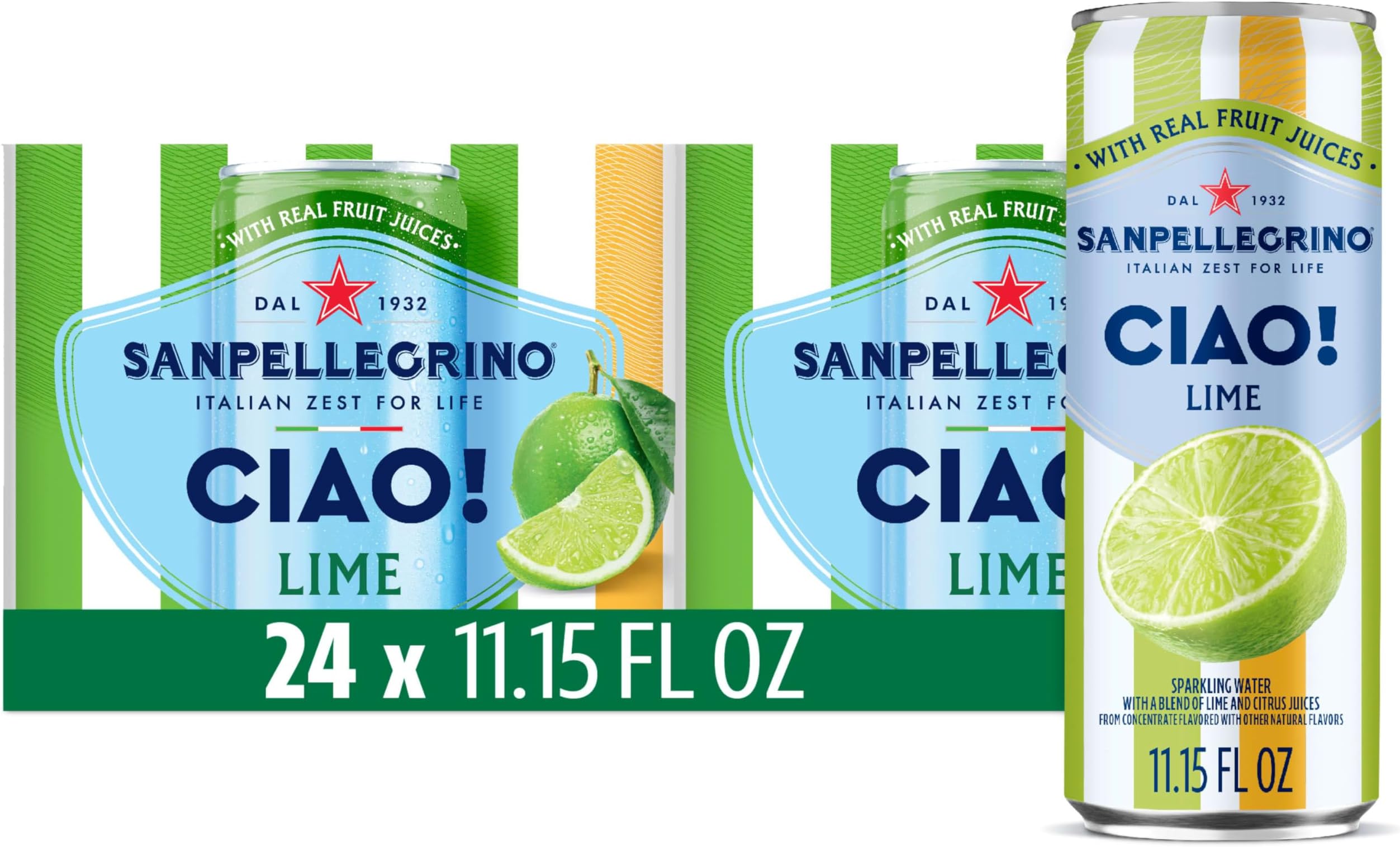 Sanpellegrino CIAO! Lime Sparkling Water, Low-Cal, 0g Added Sugar, 24-Pack