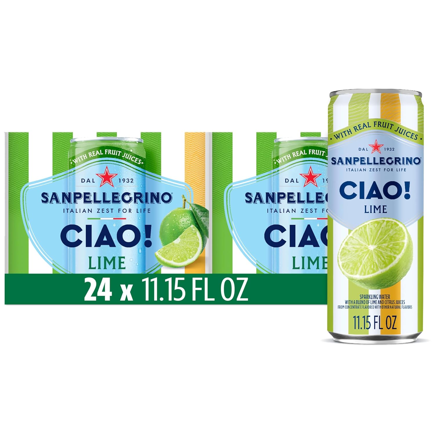 Sanpellegrino CIAO! Lime Sparkling Water, Low-Cal, 0g Added Sugar, 24-Pack