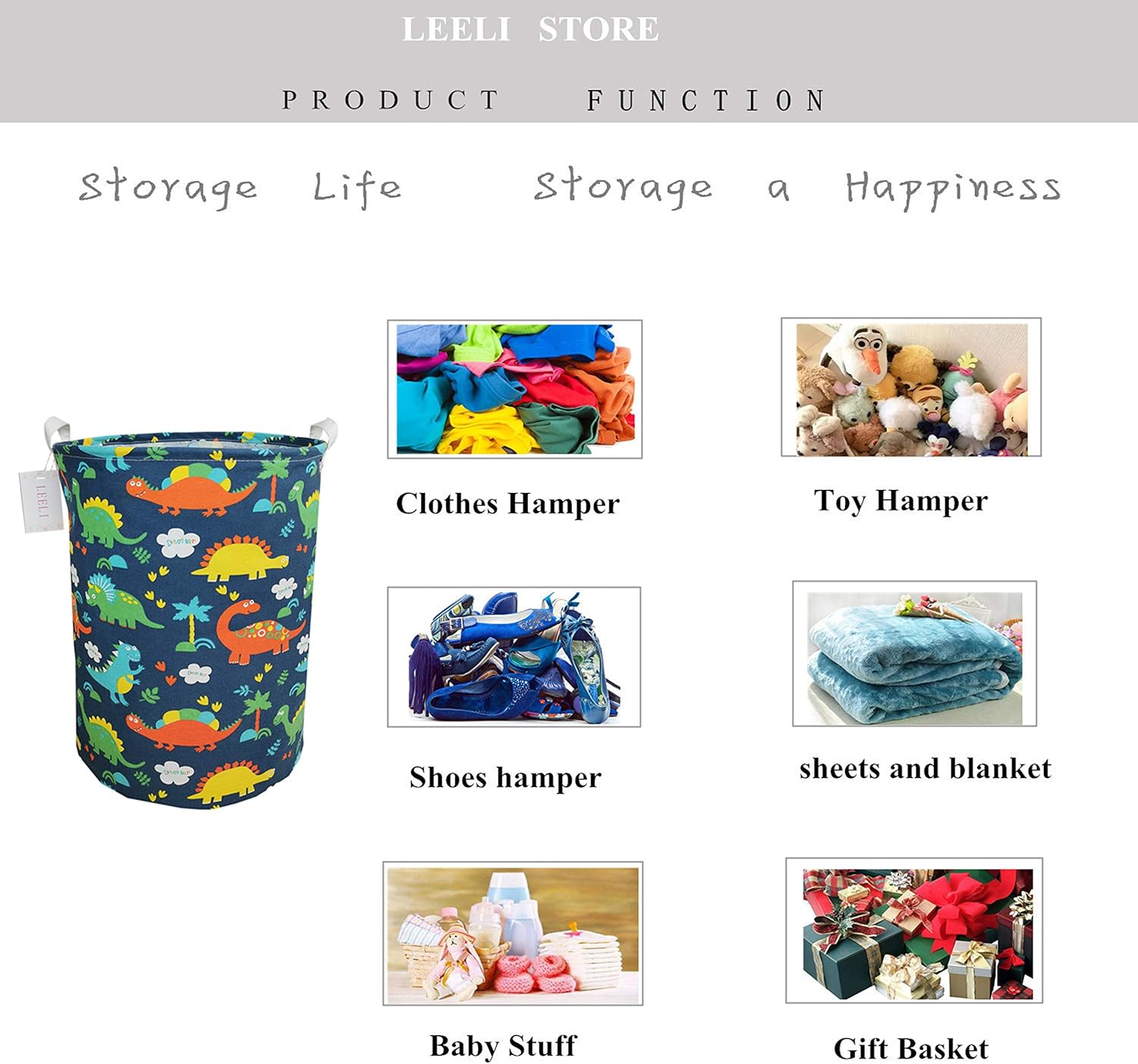 LEELI Laundry Hamper with Handles Collapsible Canvas Laundry Basket,Waterproof Storage Basket Home Organizer for Nursery,Clothes,Toys,Baby Hamper19.7×15.7(dinosaurs world)