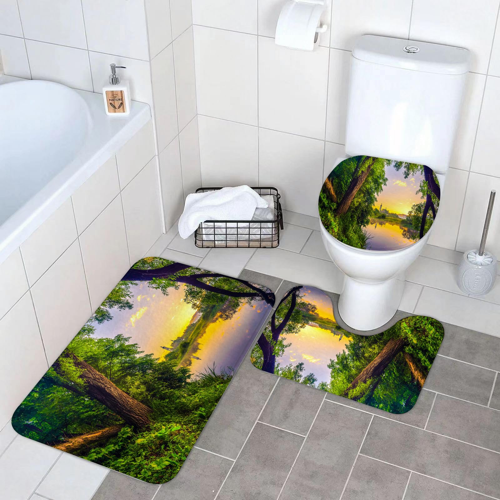 Set di 3 tappetini da Bagno, Lavabili in Lavatrice e Antiscivolo, in Morbida Fibra Superfine. Paesaggio Estivo Rurale con Tramonto sul Fiume e Vista della Nebbia sulla Riva della f