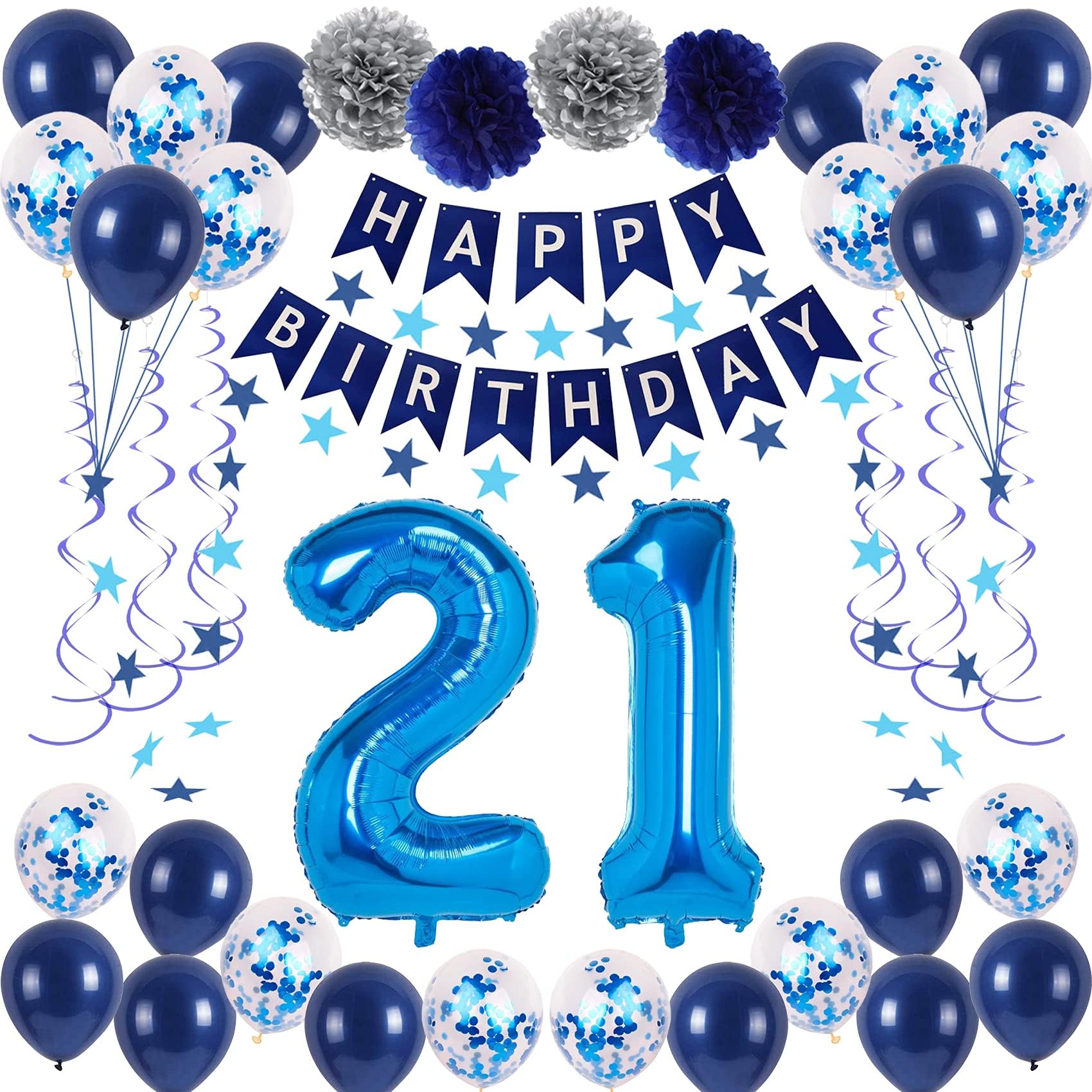 NANINUNENO 21st Blue Birthday Party Decorations for Boys Girls Men Women, Happy 21 Birthday Balloons Supplies with Happy Birthday Banner, 21 Number
