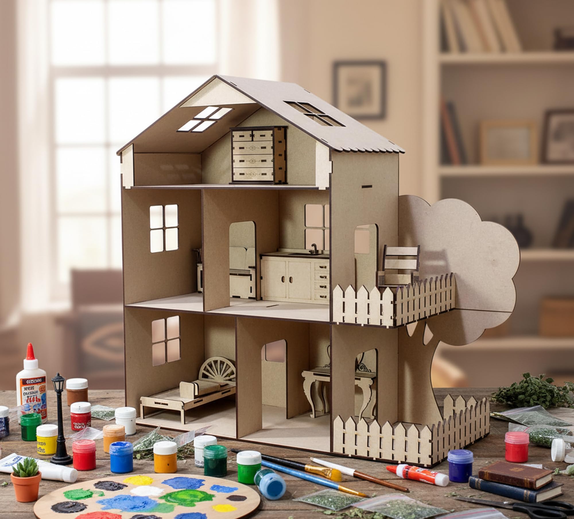 stonkraft Wooden dollhouse with furniture - construction toy, modeling kit, school project - easy to assemble (doll house with furniture) - pine wood, Beige(Pack of 1 set)