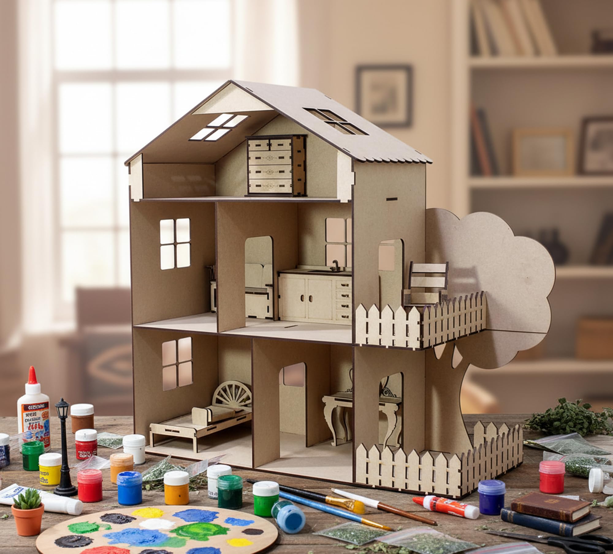 StonKraft Wooden 3D Puzzle Doll House - Home Decor, Construction Toy, Modeling Kit, School Project - Easy to Assemble (Doll House with Furniture)