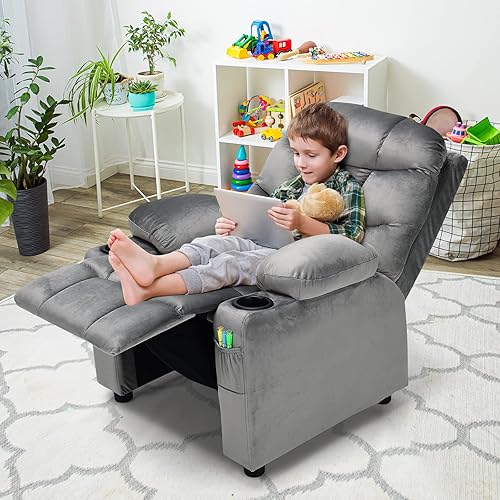 Miniatura 2 de Costzon Silla reclinable para niños con soporte para tazas, silla de salón de terciopelo ajustable con reposapiés y bolsillos laterales para
