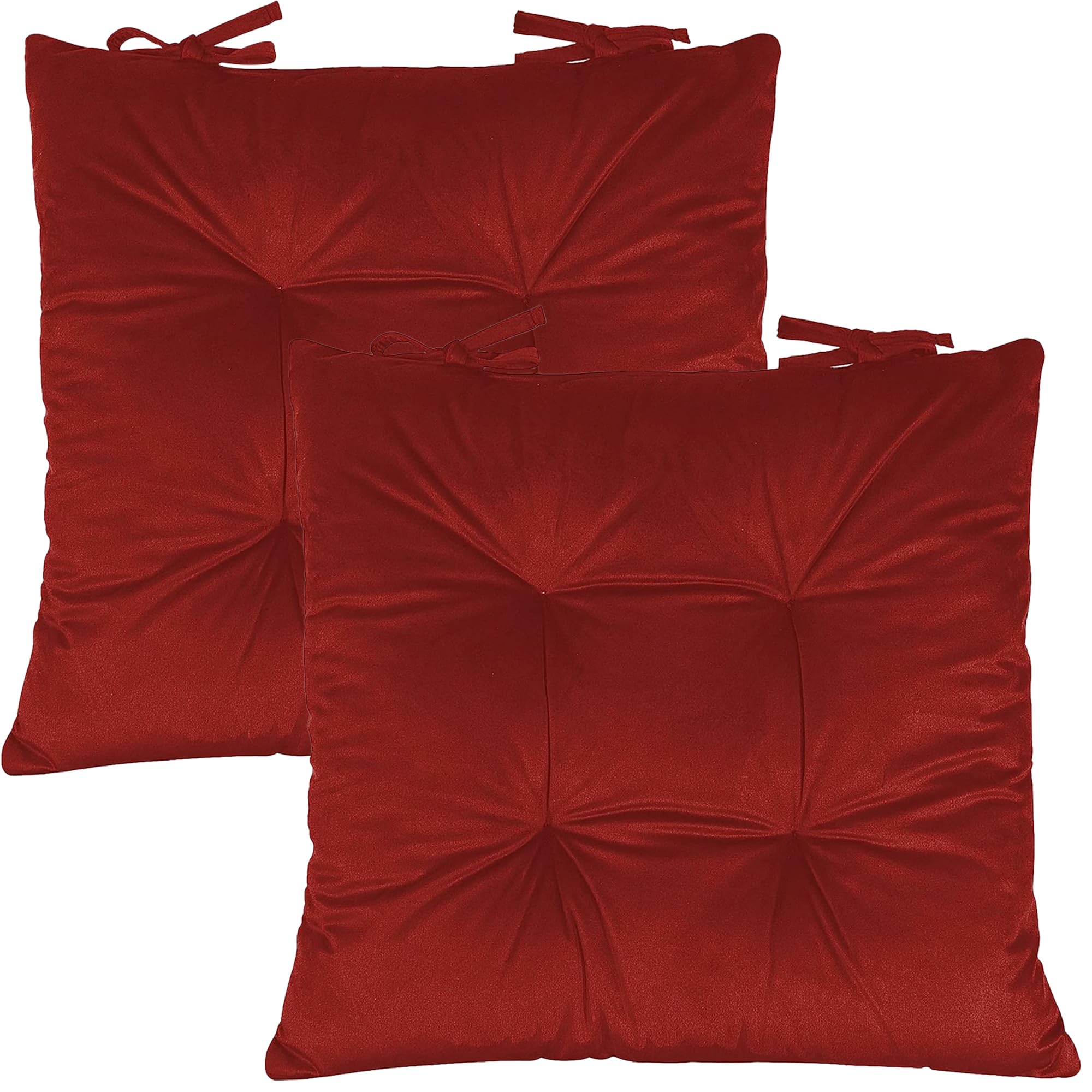 Linens World (Pack of 2 Red/Maroon Velvet Seat Pad for Armchairs 40x40 with Ties Thick Armchair Pad Luxury Sofa Seat Pads Firm Support Floor Cushions-Soft Velvet Cover Garden Armchairs Pad
