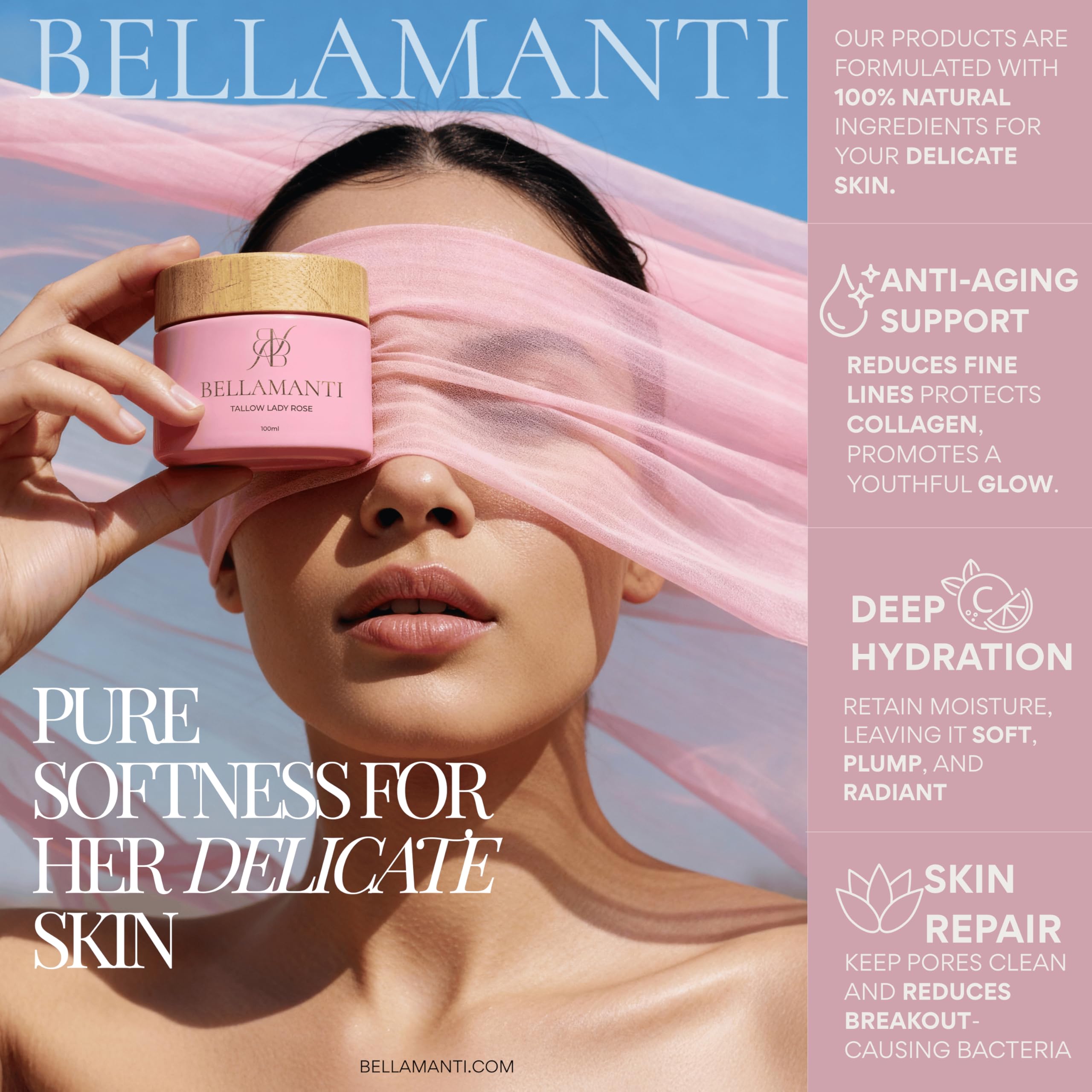 Beef Tallow Balm- Bellamanti bálsamo de sebo de res 100% de pastoreo “Lady Rose” con aceite de rosa. Para piel sensible, seca o madura. Natural, calmante y con aroma a rosa. 100 ml