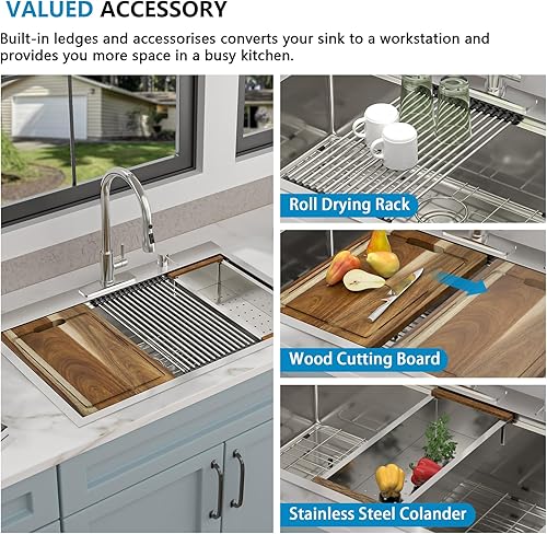 Vista 76 de Fregadero de estación de trabajo para exteriores de 21 x 20 pulgadas, fregadero de preparación de barra de acero inoxidable 304 calibre 16 con tapa