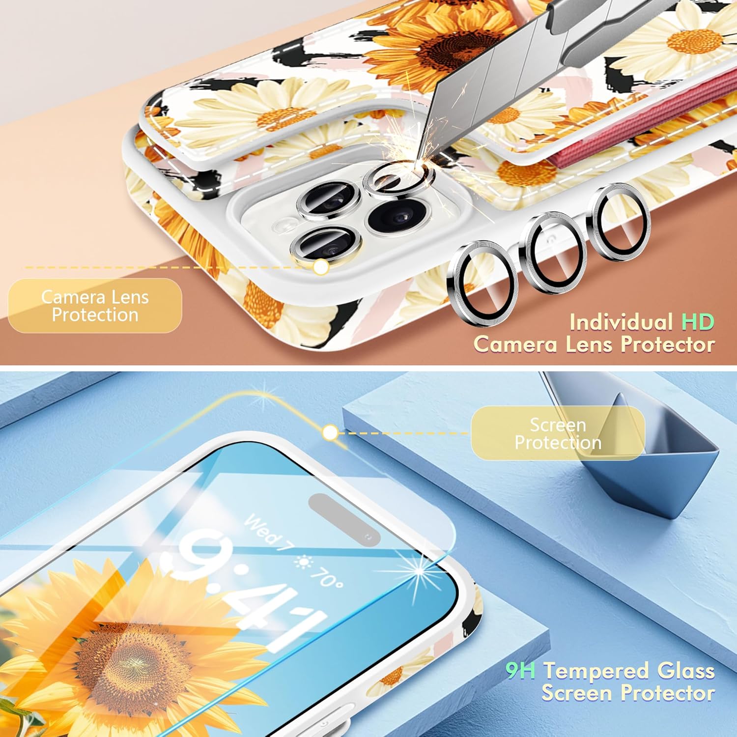 for iPhone 14 Pro Phone Case Wallet,with [Screen Protector+Camera Lens Protector] Floral Flower Pattern 5 Card Holder 360°Rotation Ring Kickstand Protective Case for iPhone 14 Pro,Sunflower