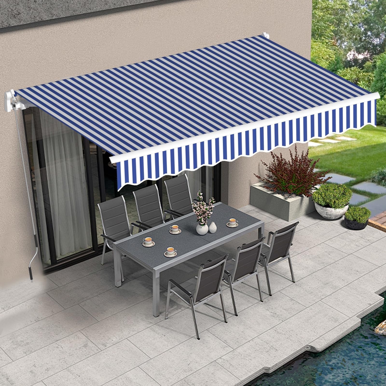 楽天一番アカウント オーニングテント手動 グレー 横4メートル 奥行最大2.5メートル