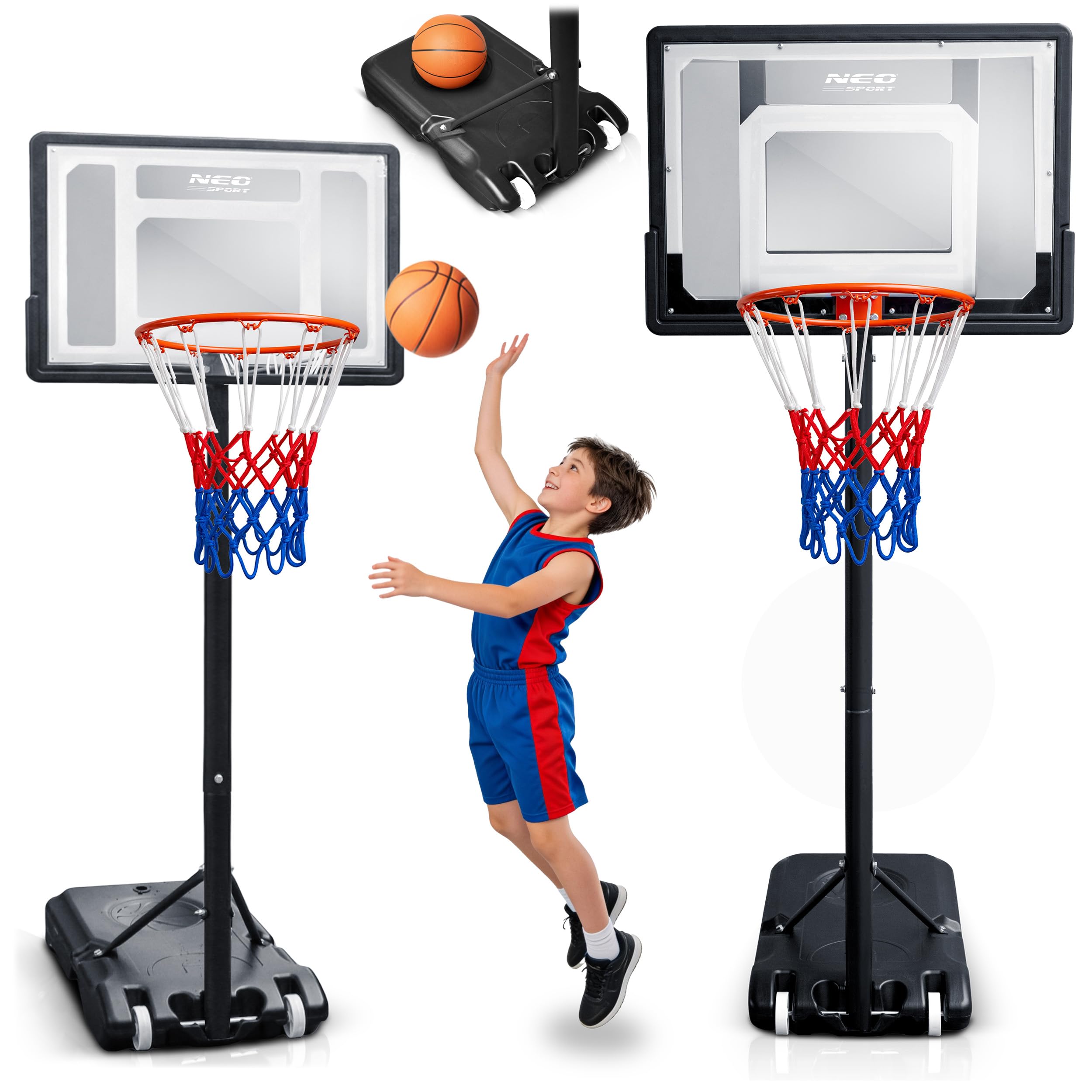 Neo-Sport Kosz do Koszykówki dla Dzieci i Dorosłych - Wolnostojący z Regulacją 1,5-2,1 m - Mobilny z 2 Kółkami - Tablica PVC 82x59 cm - do Użytku Zewnętrznego na Podwórku i Podjeździe - Czarny