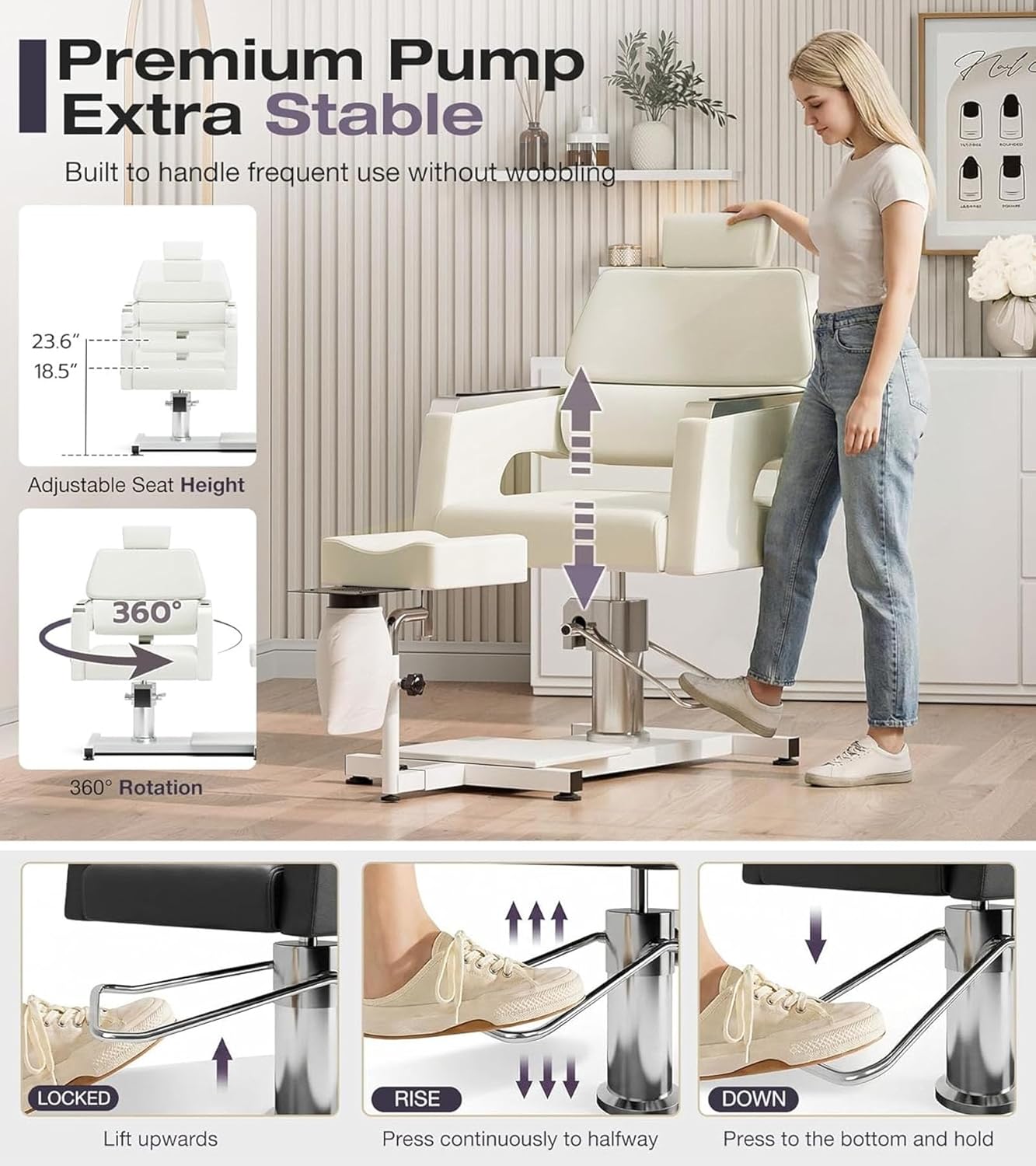 VARONXE Hydraulic Pedicure Chair No Plumbing for Nail Tech with Foot Spa & Stool, Upgraded Adjustable Pedicure Unit Footrest with Dust Collector, for Nail Salon and Home, Off-White