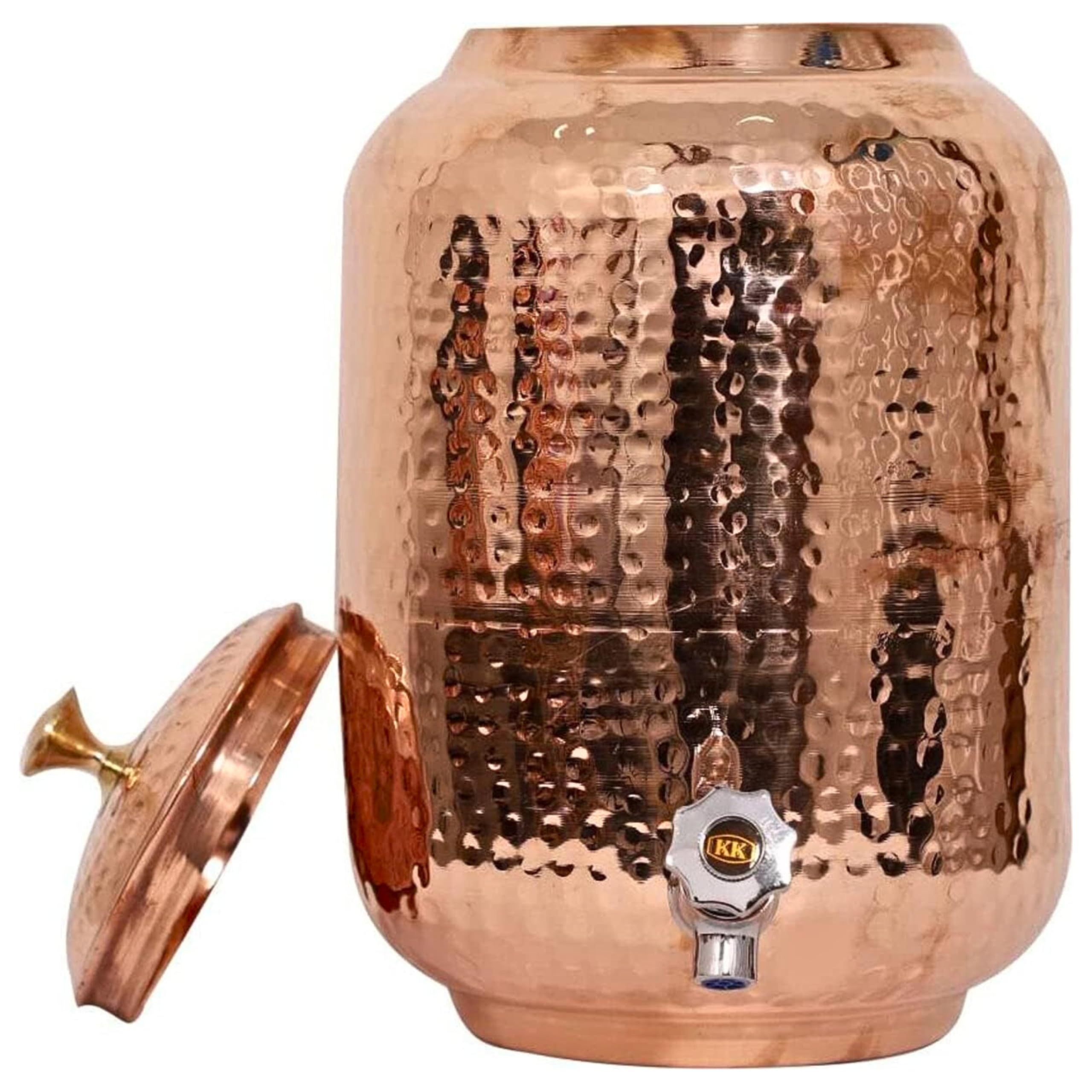 Dispenser d'acqua in rame puro, capacità 8 l, finitura martellata, benefici per la salute ayurvedica, include 2 bicchieri abbinati e 1 bottiglia di rame, bicchieri artigianali per guarigione e