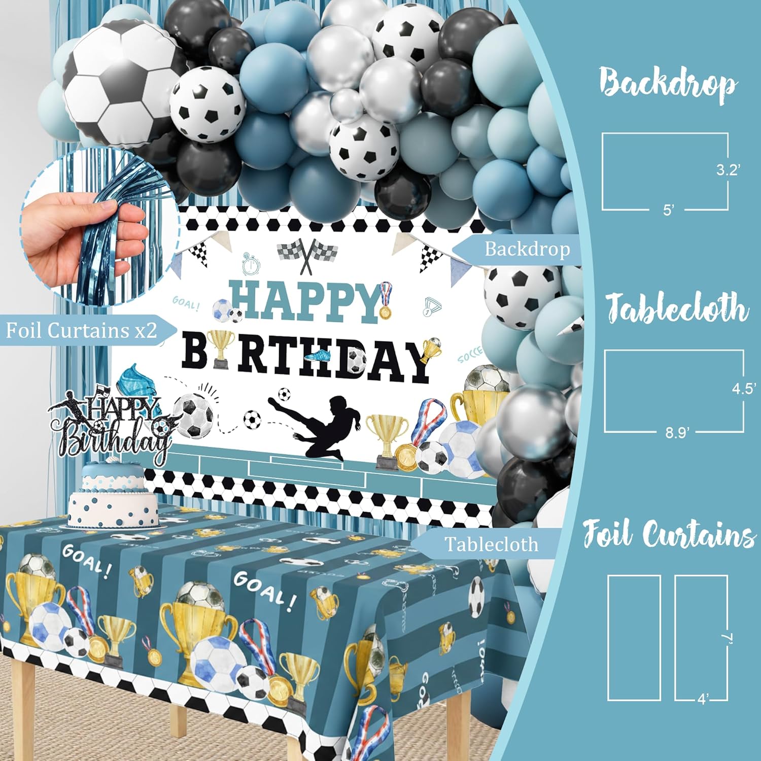Soccer Birthday Party Decorations Kit for Boys, American Soccer Birthday Party Supplies Set, Soccer Football Party Decor with Backdrop Tablecloth Cake and Cupcake Toppers for Kids Boys Party Decor
