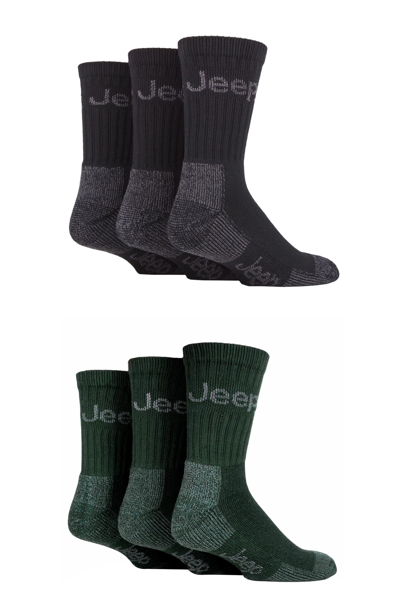 Jeep Men's Black/Forest Cotton Boot Socks - Luxury Terrain Calf Length Plain With Logo,Ribbed, Cushioned & Chunky For Walking, Hiking, Trekking & The Outdoors Size 6-11 6 Pair Multipack