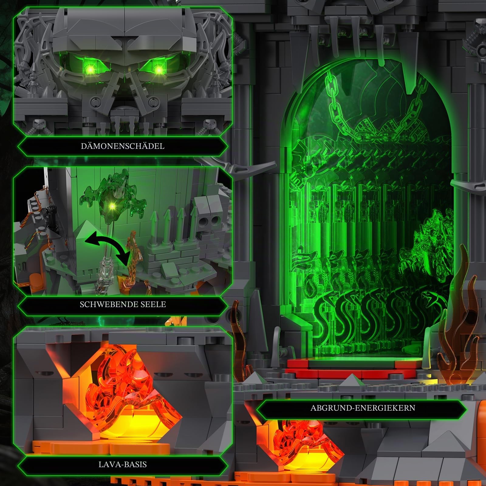 JMBricklayer Dunkles Portal Klemmbausteine Erwachsene, Gothic Totenkopf Tor Modellbau mit Licht, 40006 Fantasy Sammler Ausstellungsset Halloween Bausteine Geschenke für Spieler Männer ab 14 Jahren
