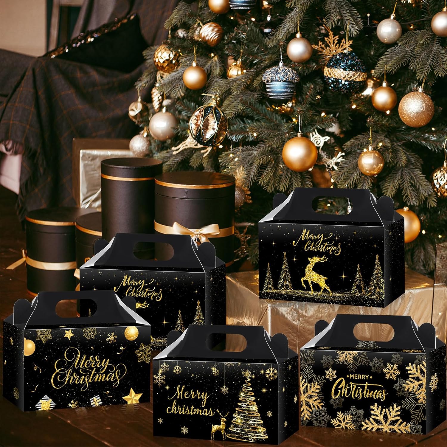 Cholemy 24 Pcs Christmas Candy Boxes Paper Gift Holders Black and Gold Christmas Treat Goodie Boxes with Handle for Gift Giving Holiday Xmas Theme Party Favors Supplies - Image 3