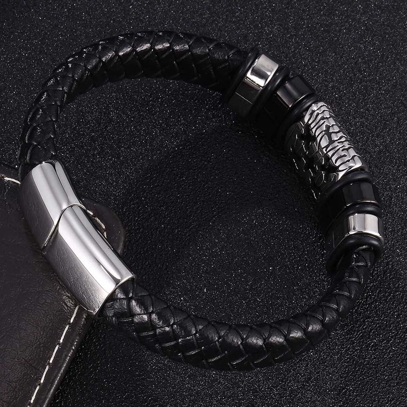 Kettenarmband Männer Edelstahl, Lederarmbänder für Männer schwarz geflochten