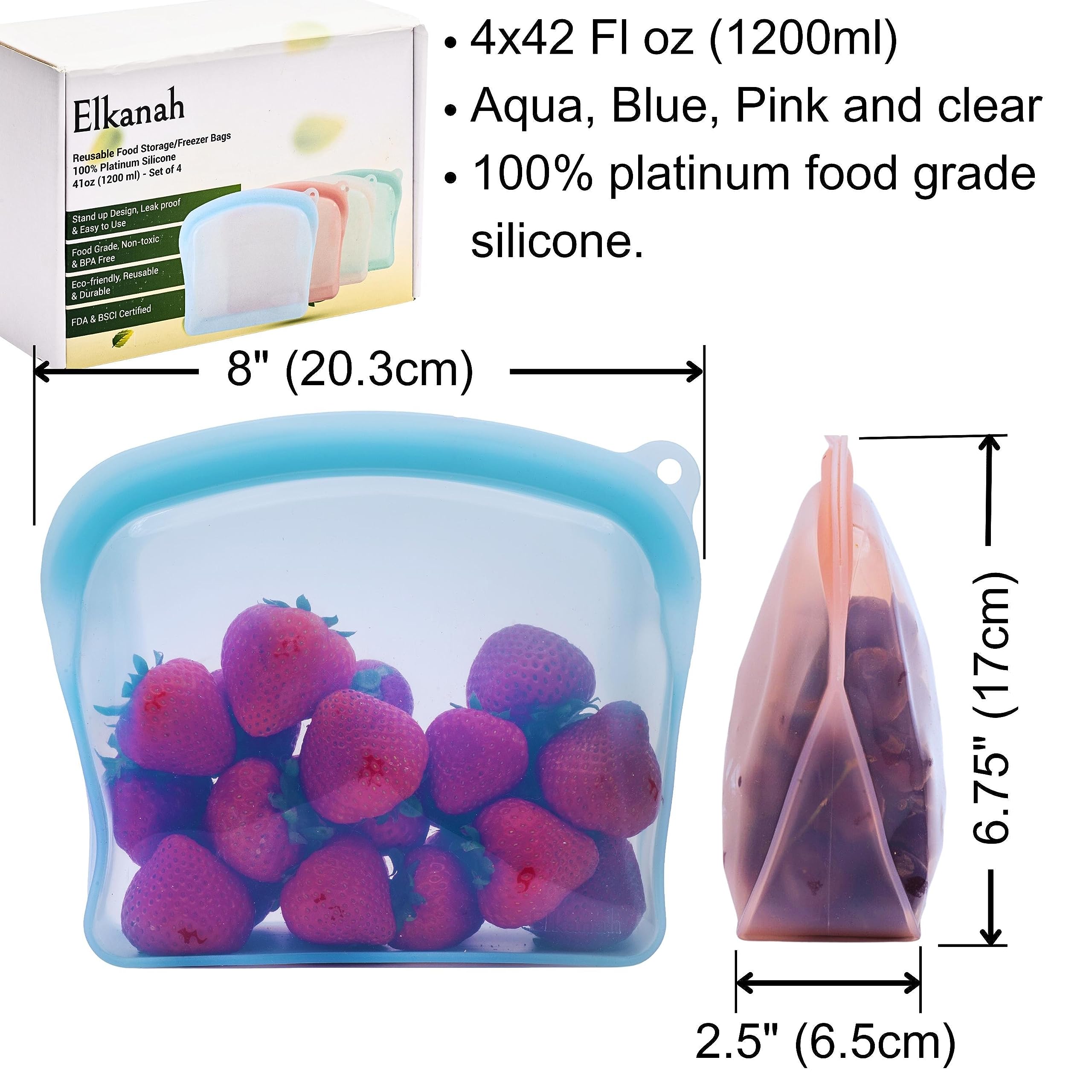 Elkanah Sacchetti riutilizzabili per congelatore, 1200 ml, 100% silicone platino, riutilizzabili, sacchetti per alimenti, sacchetti per zuppe, sacchetti per alimenti riutilizzabili, sacchetti per