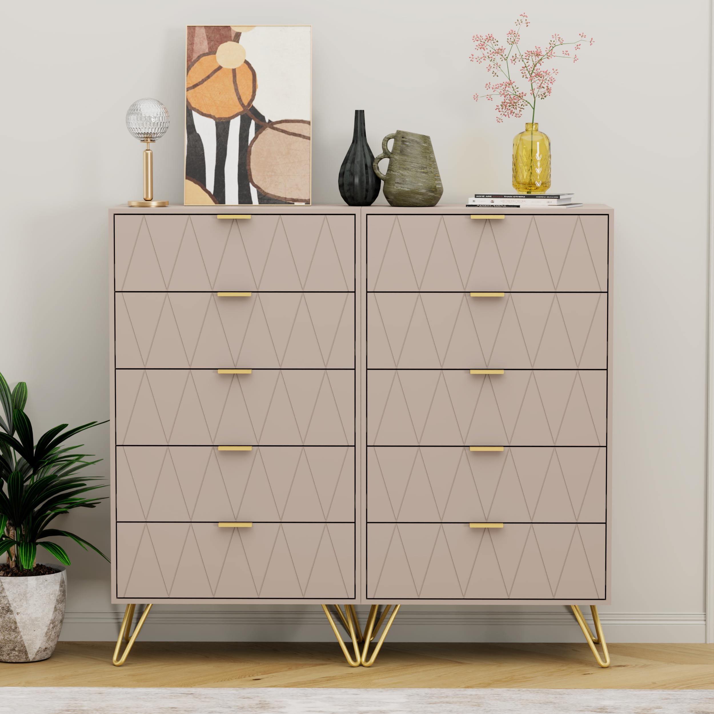 UEV Cassettiera a 5 Cassetti con Motivo a Linea, 60x34x110cm, Beige Moca