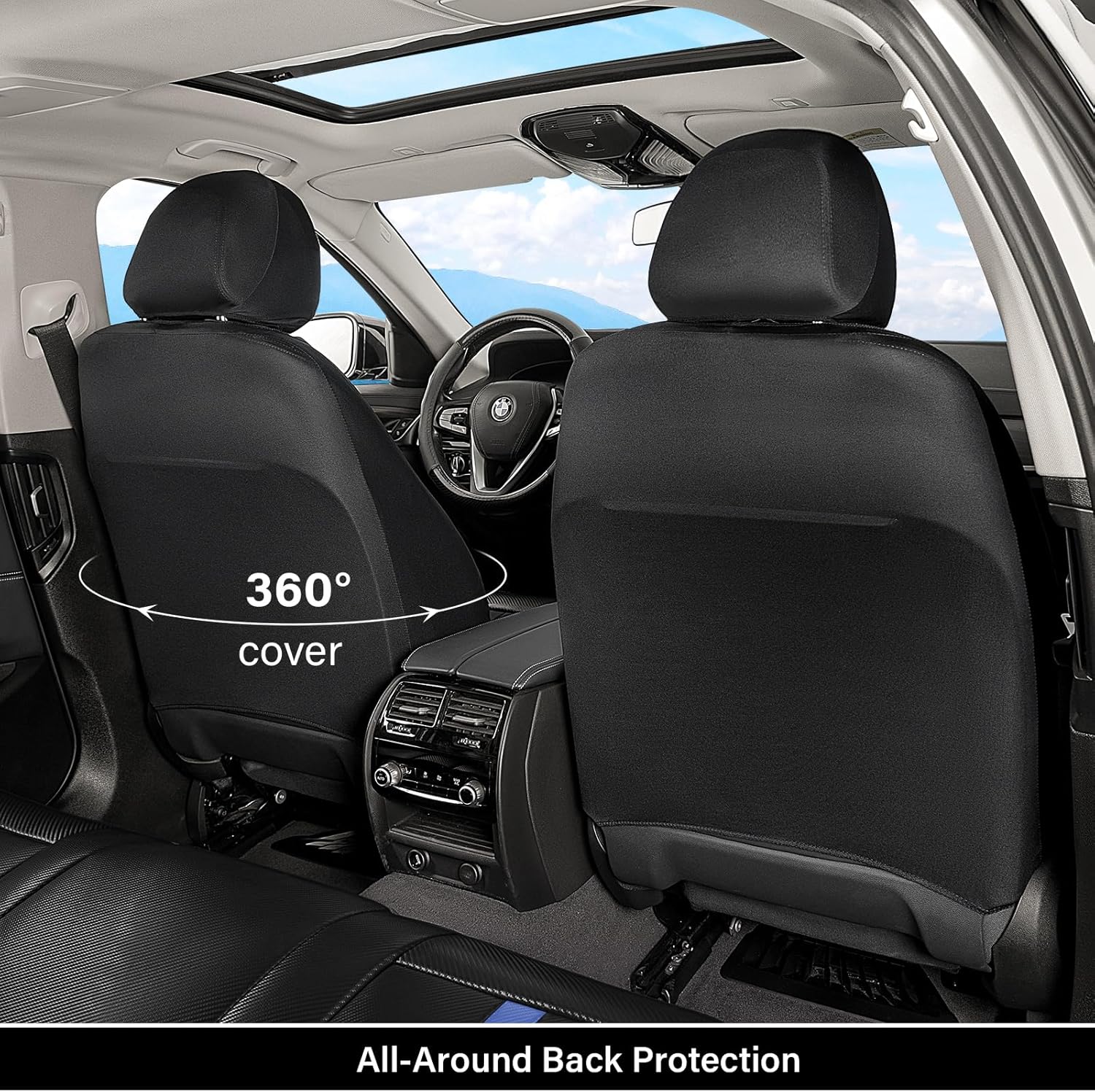 Coverado Leather Car Seat Covers Full Set & Carbon Fiber, Waterproof and Durable All Weather Protector, Universal Fit for SUV, Pickup Truck, Sedan, Automotive Vehicle Interior, Black&Blue