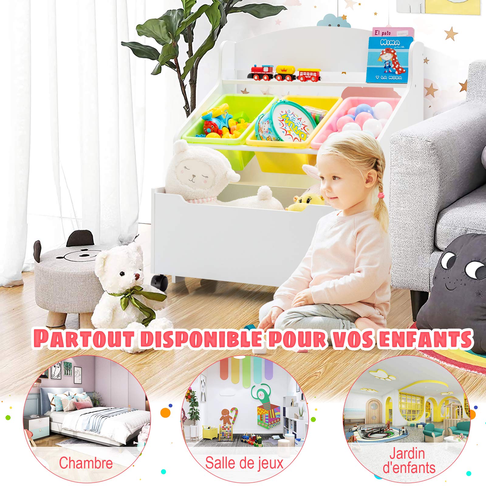 COSTWAY Coffre à Jouet Enfant avec 3 Bacs et 1 Tiroir à roulettes, Meuble Rangement Jouet en Bois avec Espace de Stockage, Design Moderne pour Jouets et Livres, 63,5 x 38 x 76,5CM