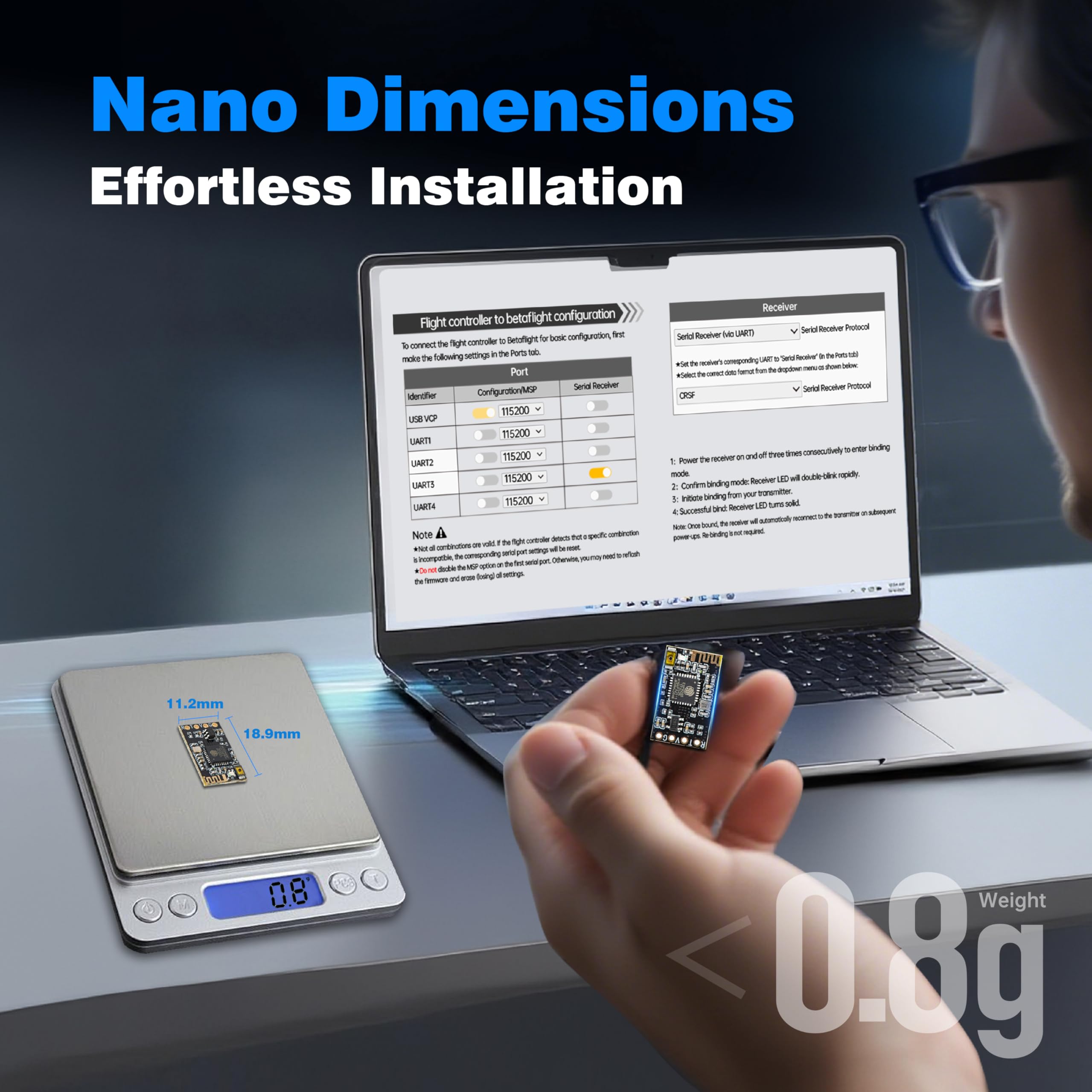Nano récepteur ExpressLRS 2,4 GHz avec antenne T pour émetteur ELRS FPV, idéal pour drone FPV/Tiny Whoop/avion RC à aile fixe