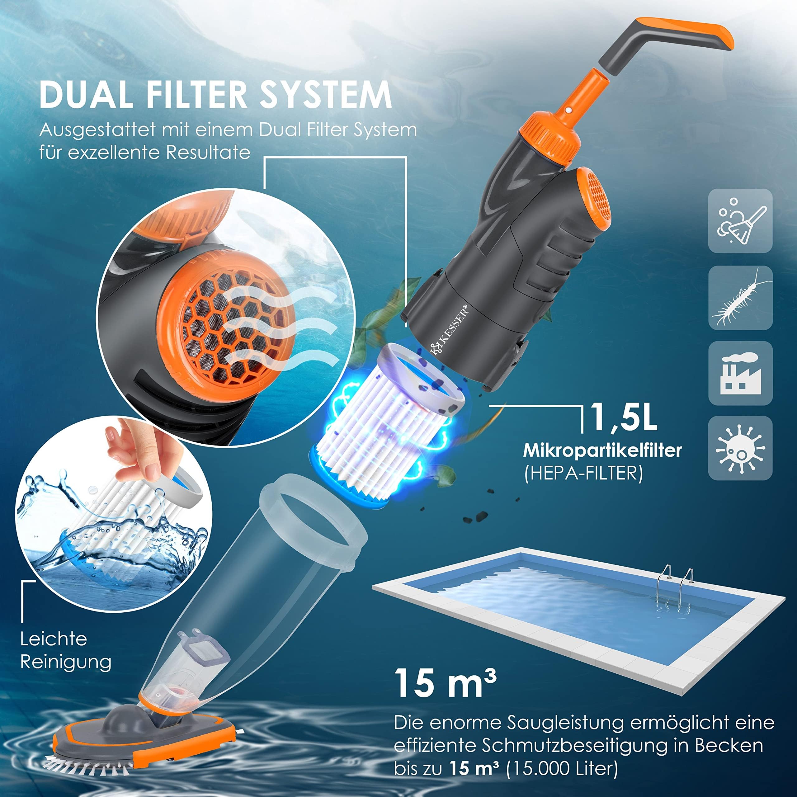 KESSER® Poolsauger mit Akku | elektrische Pool Bodensauger | Poolreiniger mit Filter & 2-Geschwindigkeits-System | Handsauger Reinigungsset kabellos bis zu 15m³