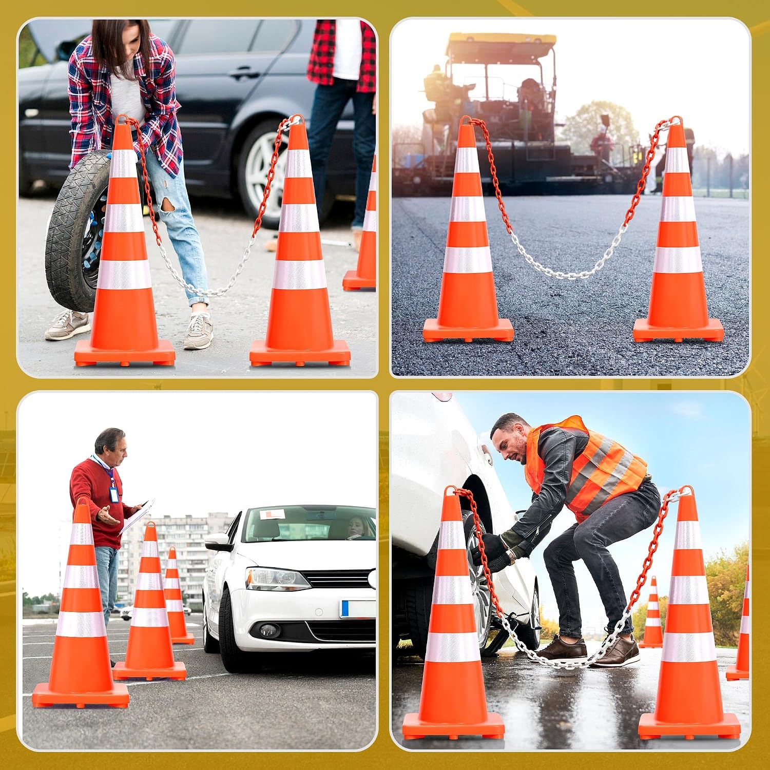 DWVO 12Pack 36in Traffic Cones with 16.4FT Chain, Safety Road Parking Cones PVC Base, Orange Traffic Cone with Reflective Collars, Hazard Construction Cones for Home Traffic Parking Road