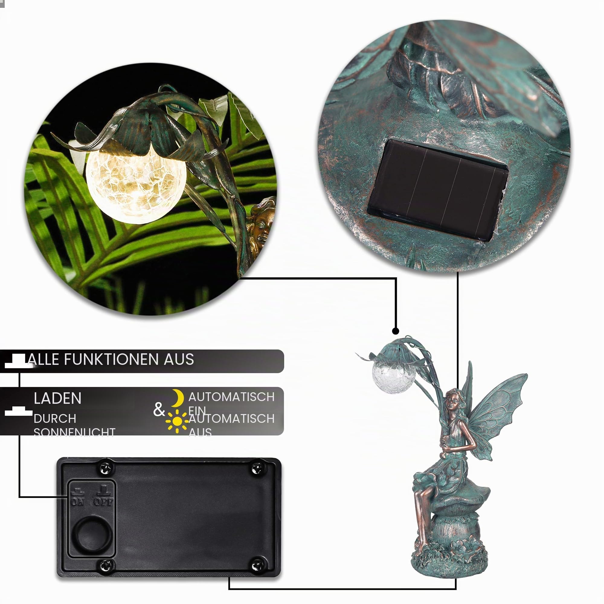 TERESA'S COLLECTIONS Gartendeko für draußen,35cm Bronze Sitzende Elfen mit Solar Glaskugeln Beleuchtung aus Polystein,groß Feen Statue Solar Fairy, Gartenfiguren Geschenk für Mama Vatertag