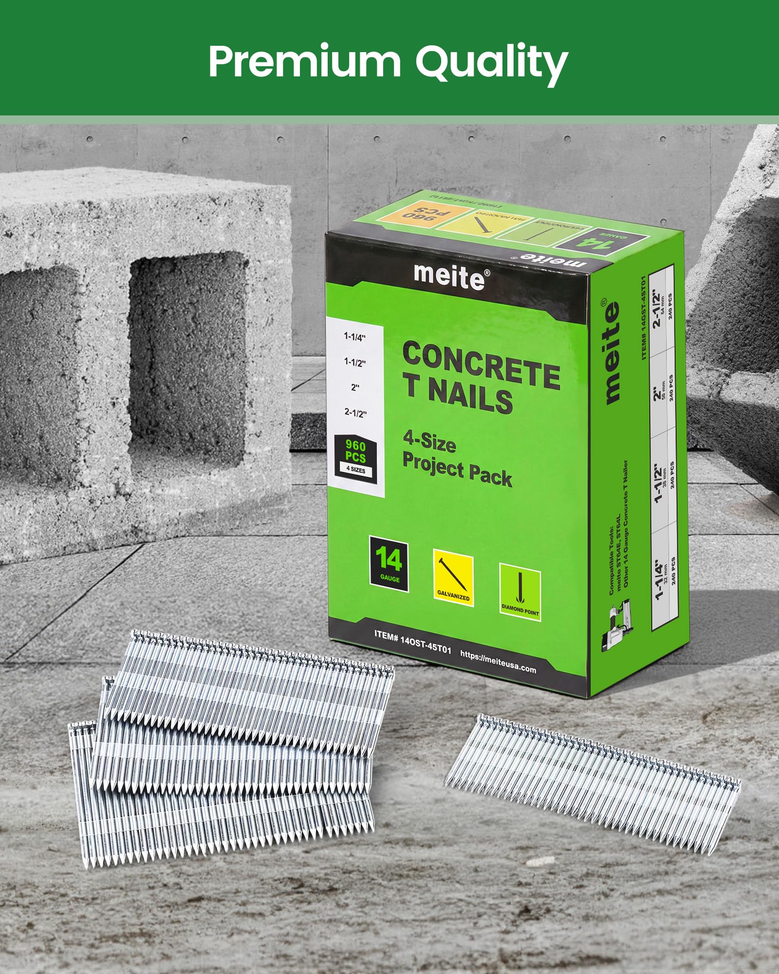meite Chiodi a T per calcestruzzo calibro 14, 4 misure da 2,5 a 0,6 cm, 2,5-1,3 cm, 5,1 cm, 5,1 cm ciascuno, 240 pezzi | Confezione da 960 chiodi con finitura zincata per pistola pneumatica ed elettrica